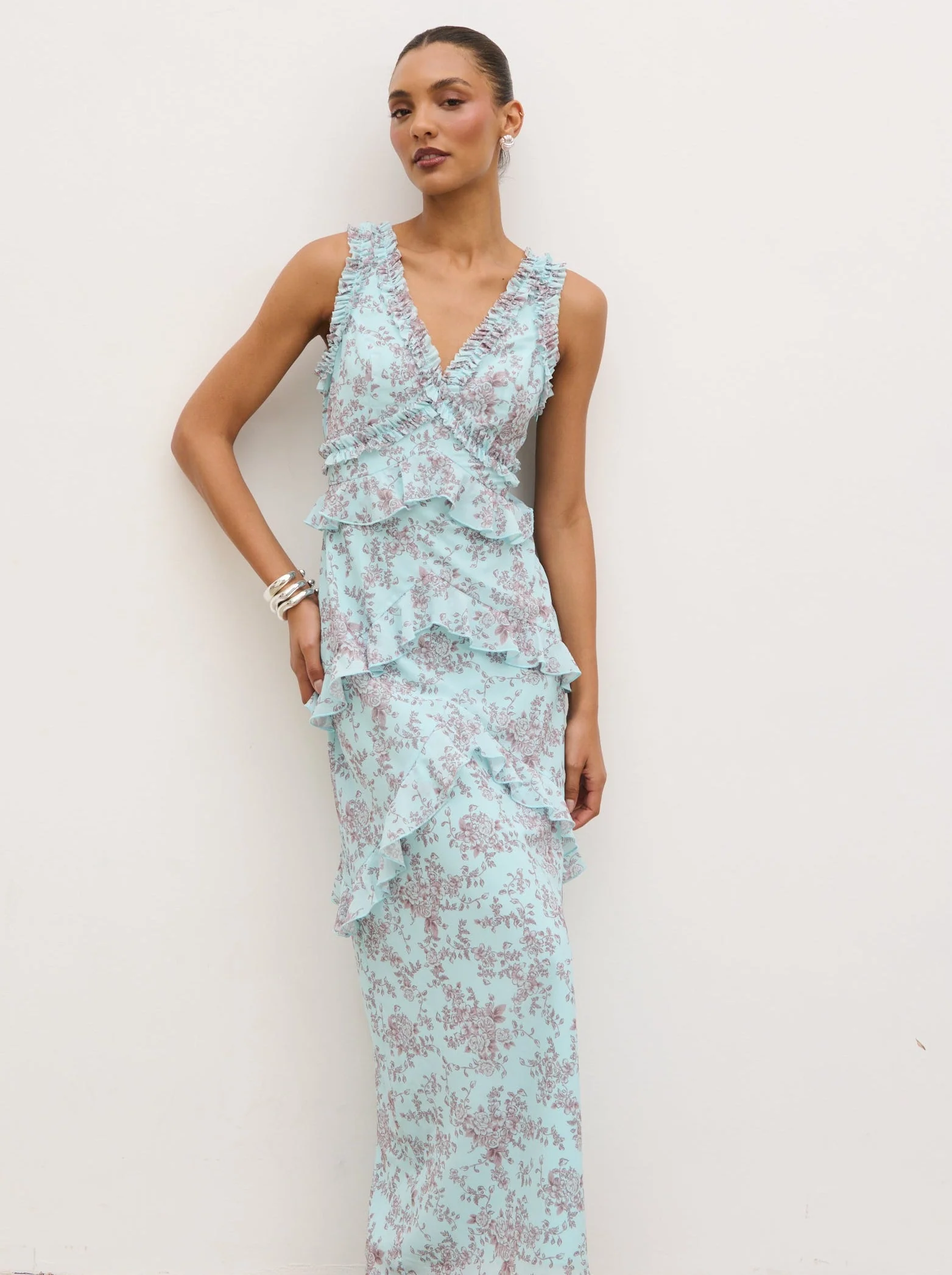 Aurelia Ruffle Maxi Dress - Seaspray and Brown Floral - Image 4