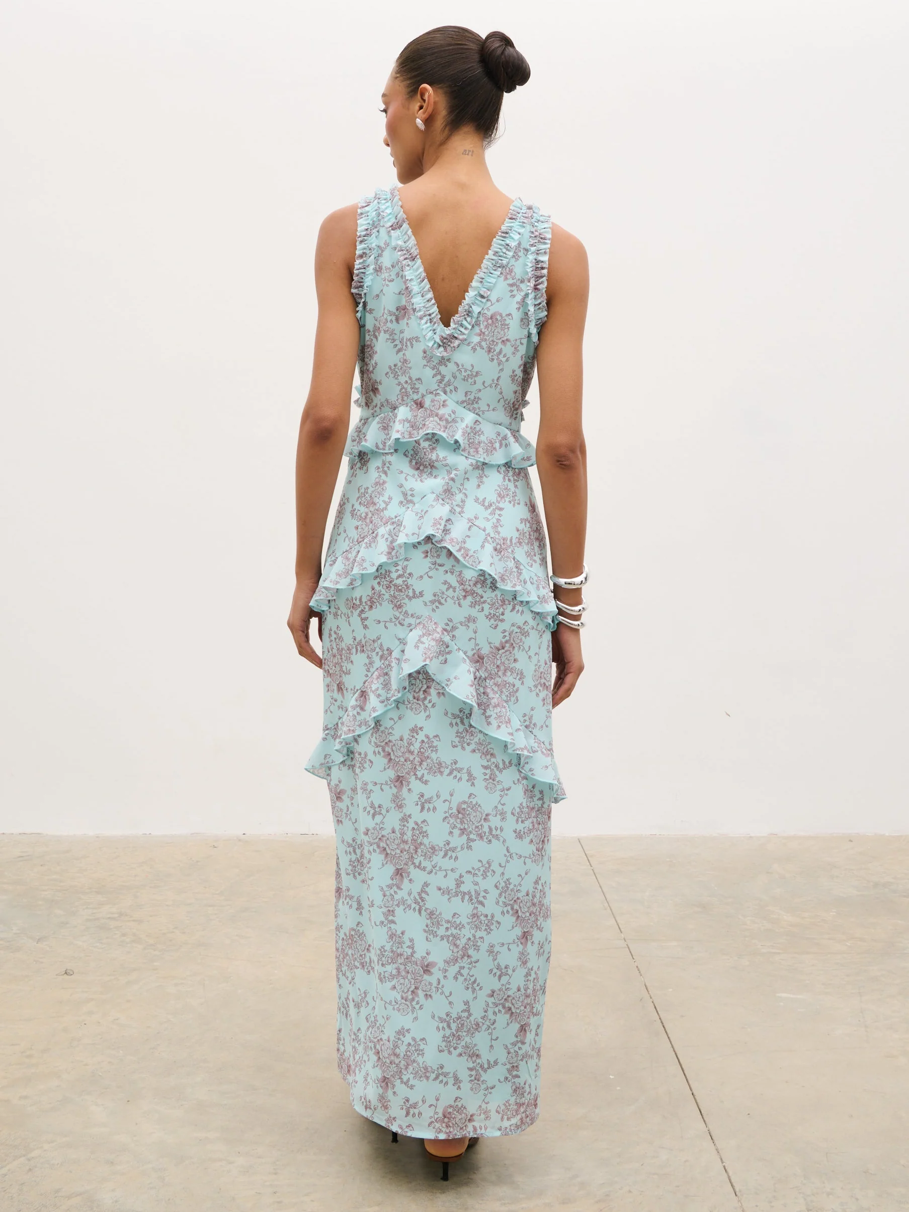 Aurelia Ruffle Maxi Dress - Seaspray and Brown Floral - Image 6