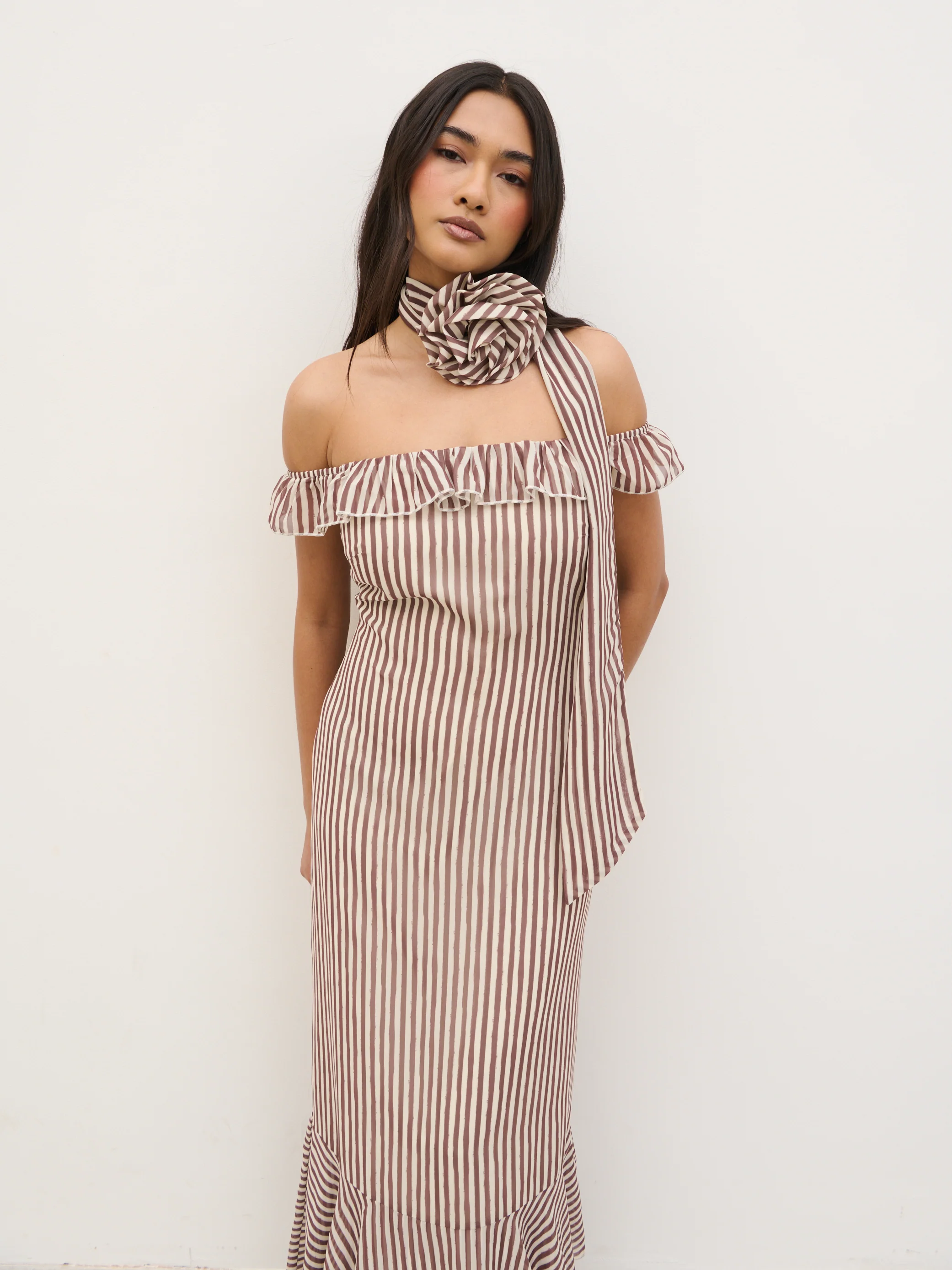 Aveline Bardot Maxi Dress - Brown and Cream Stripe - Image 2