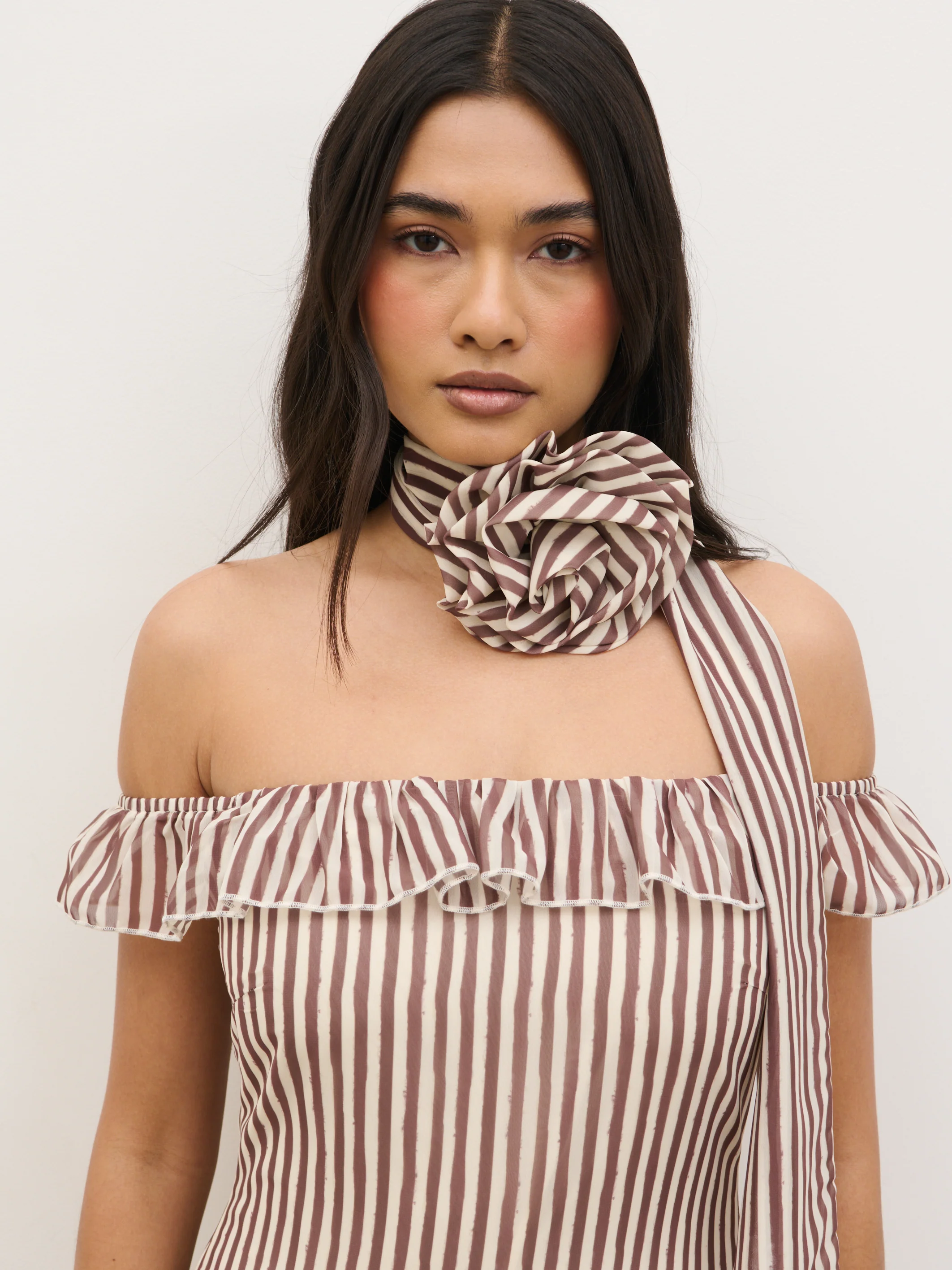 Aveline Bardot Maxi Dress - Brown and Cream Stripe - Image 3