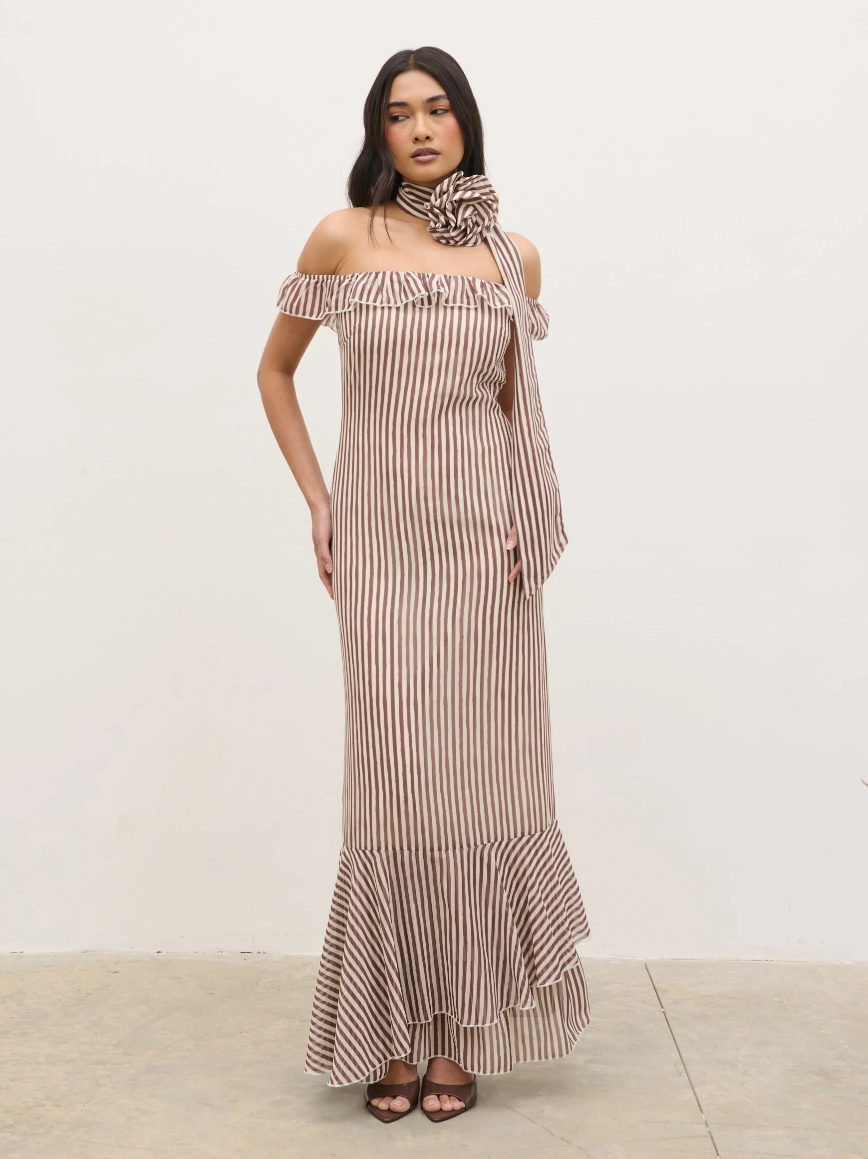 Aveline Bardot Maxi Dress - Brown and Cream Stripe - Image 4