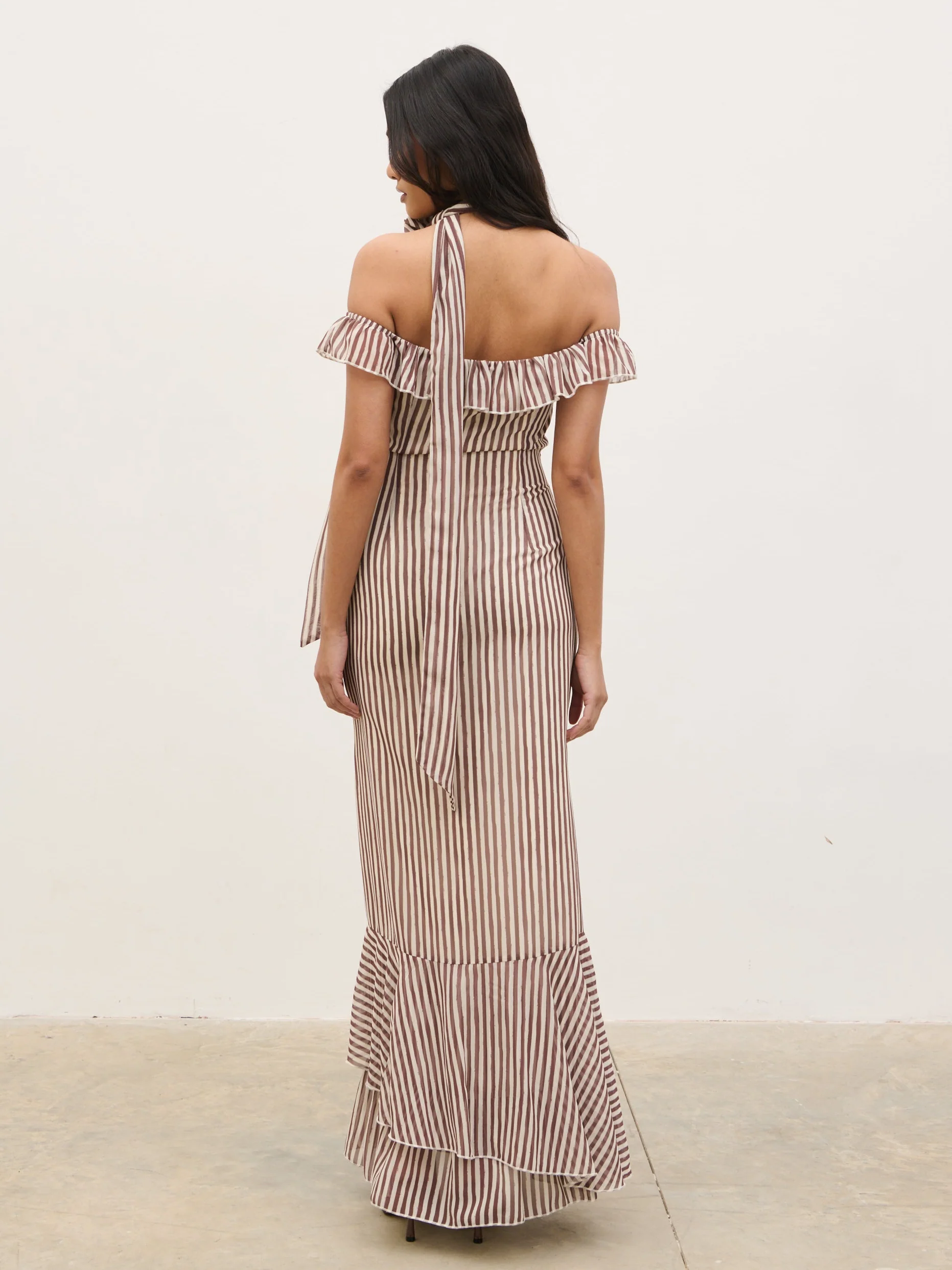 Aveline Bardot Maxi Dress - Brown and Cream Stripe - Image 5