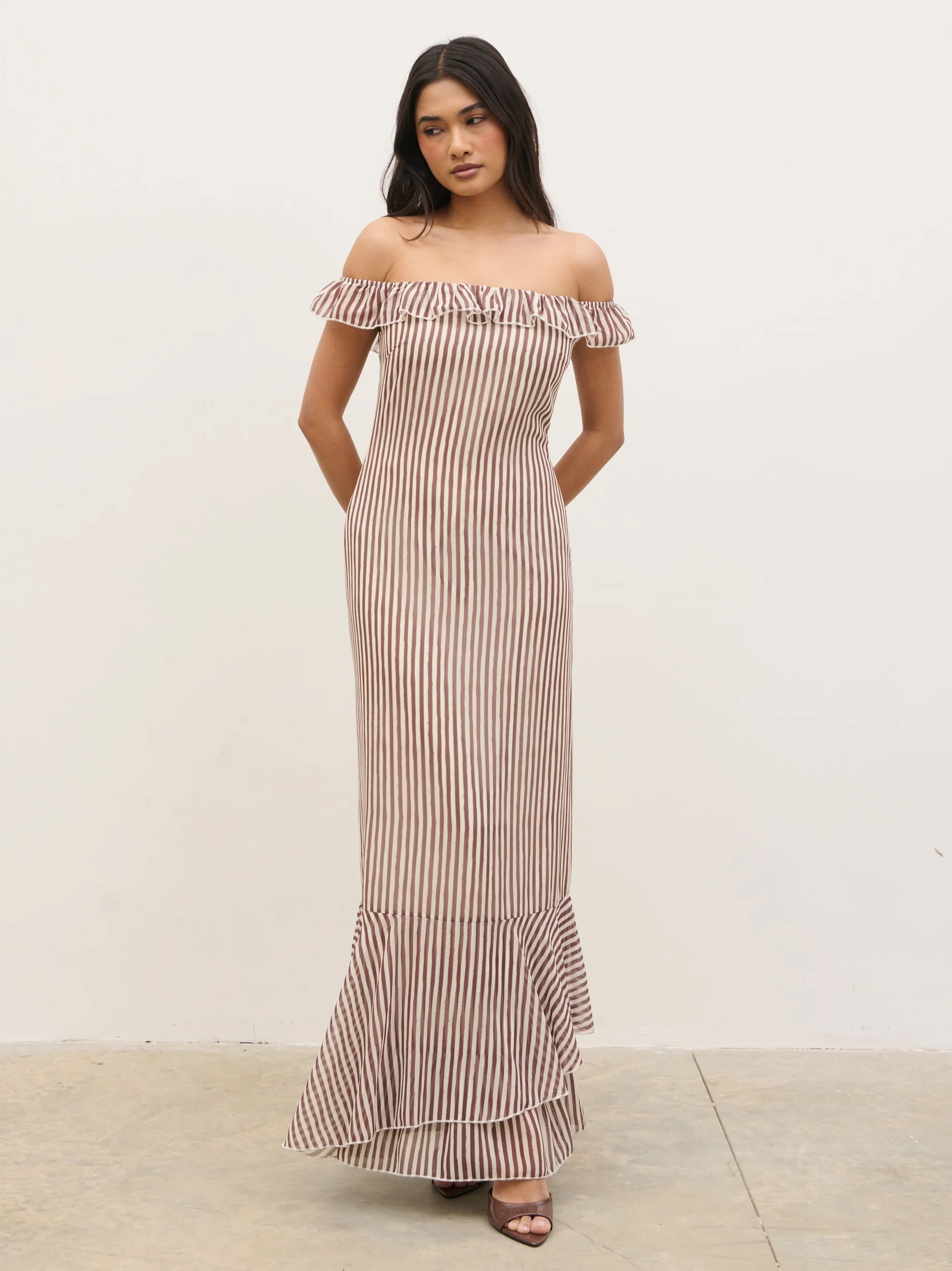 Aveline Bardot Maxi Dress - Brown and Cream Stripe - Image 6