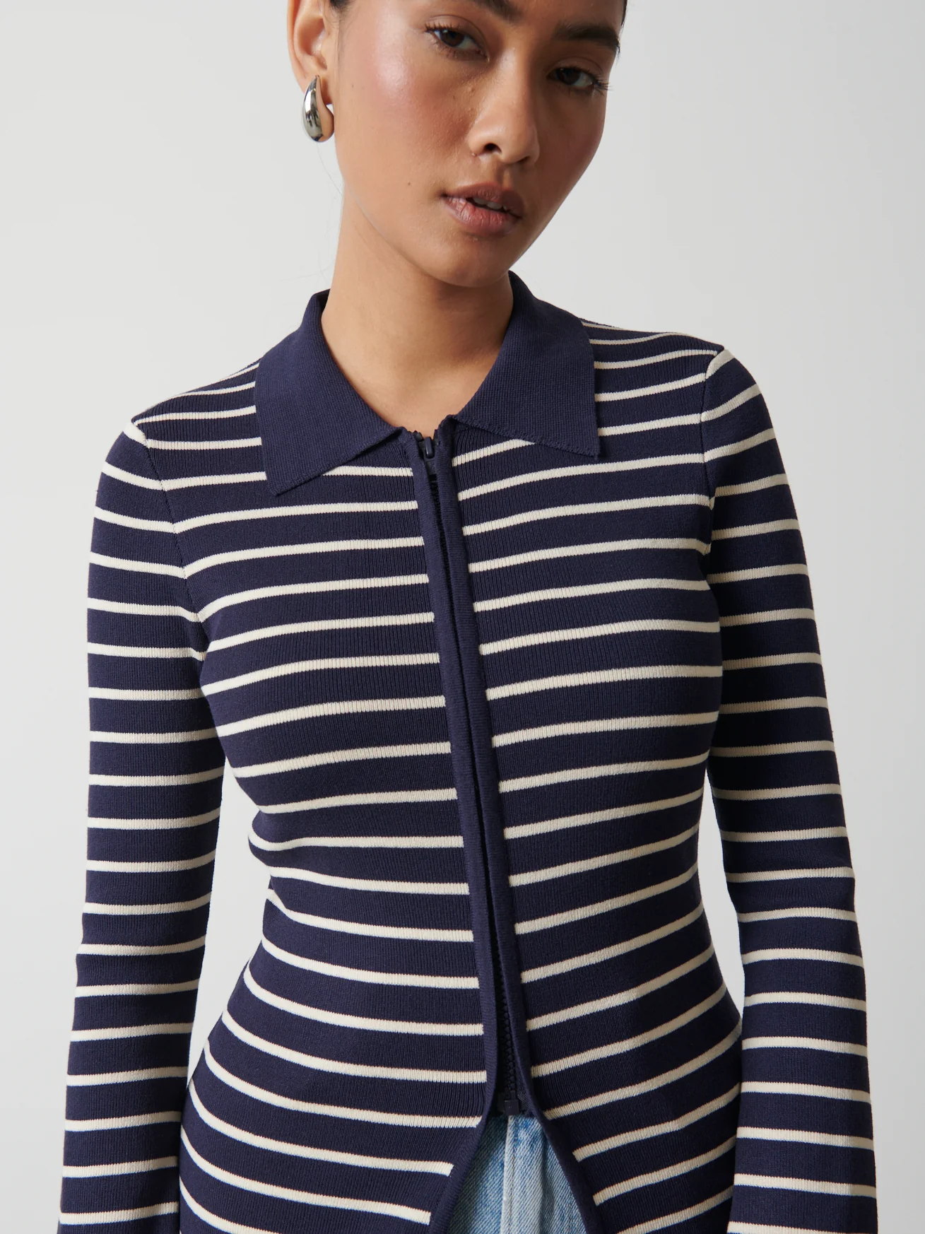 Avery Striped Zip Knit Top - Navy and Cream - Image 2