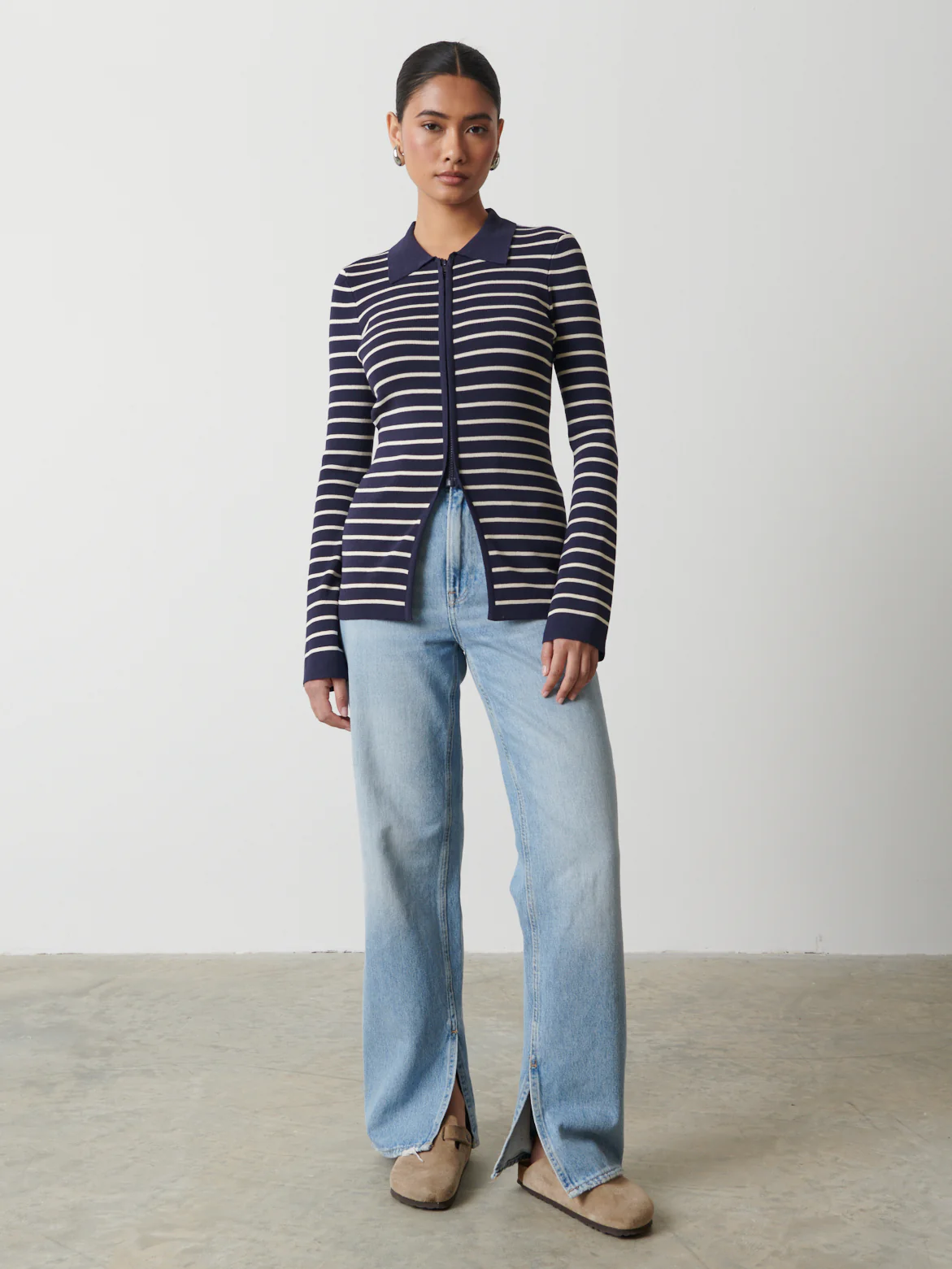 Avery Striped Zip Knit Top - Navy and Cream - Image 6