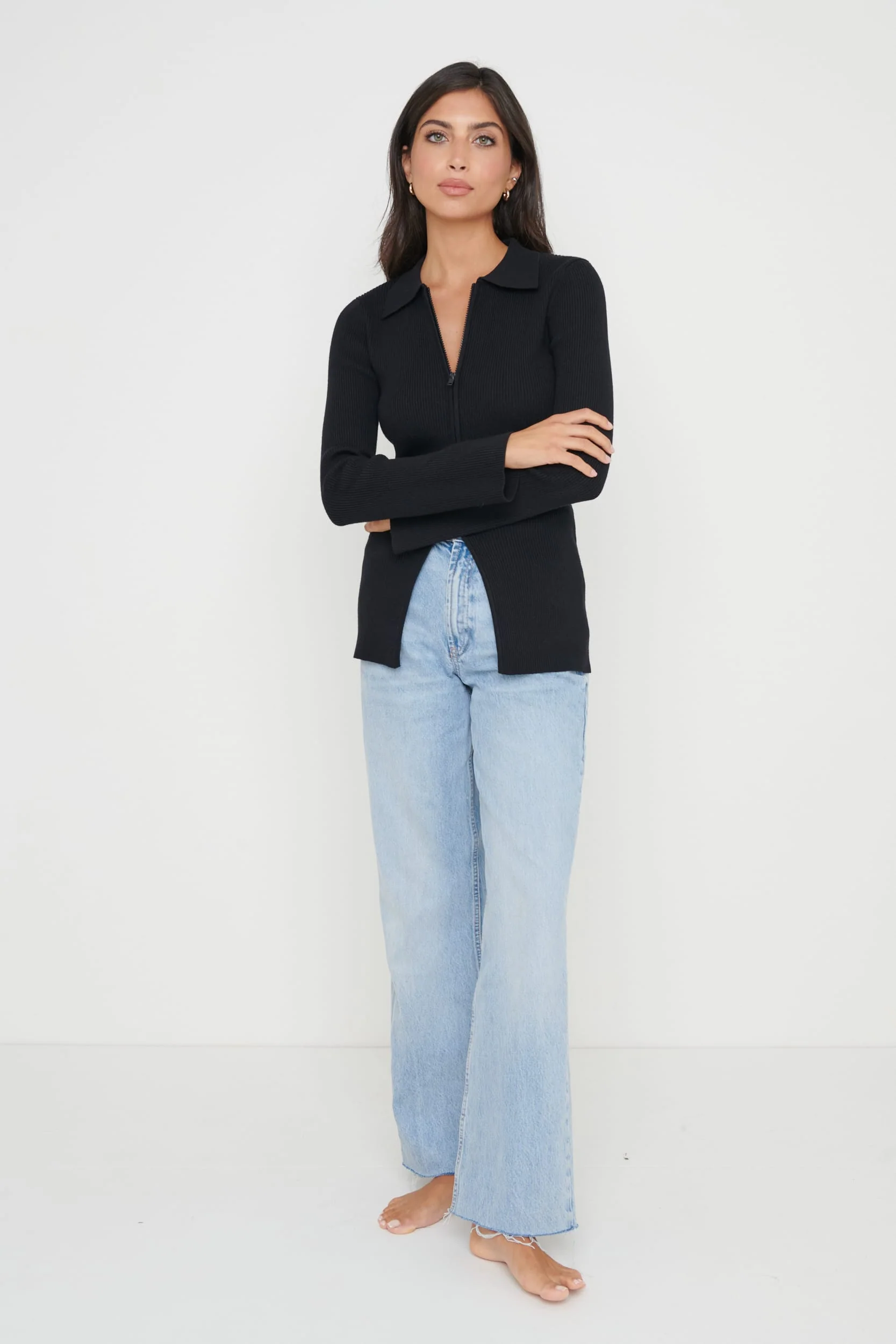 Avery Zip Knit Collared Top - Black - Image 2