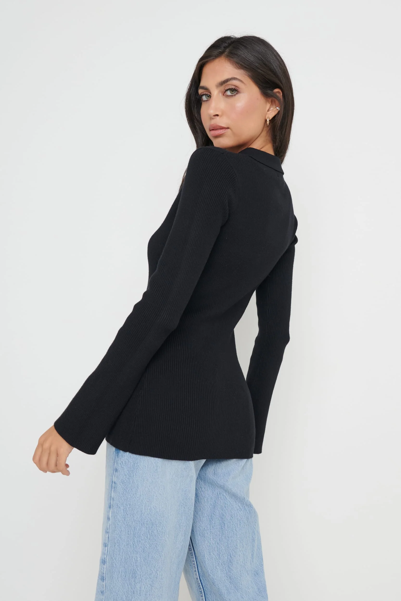 Avery Zip Knit Collared Top - Black - Image 3