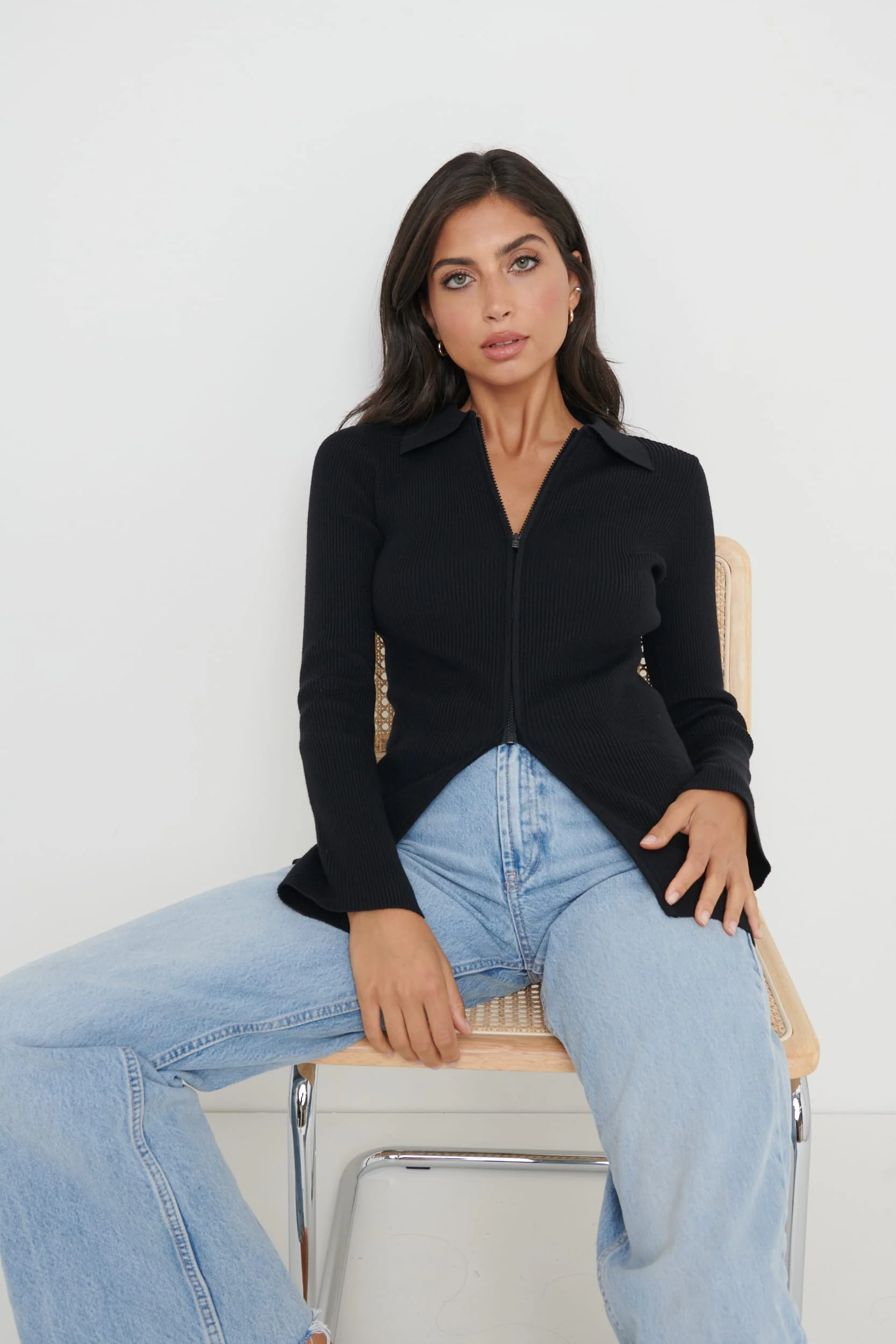 Avery Zip Knit Collared Top - Black - Image 4