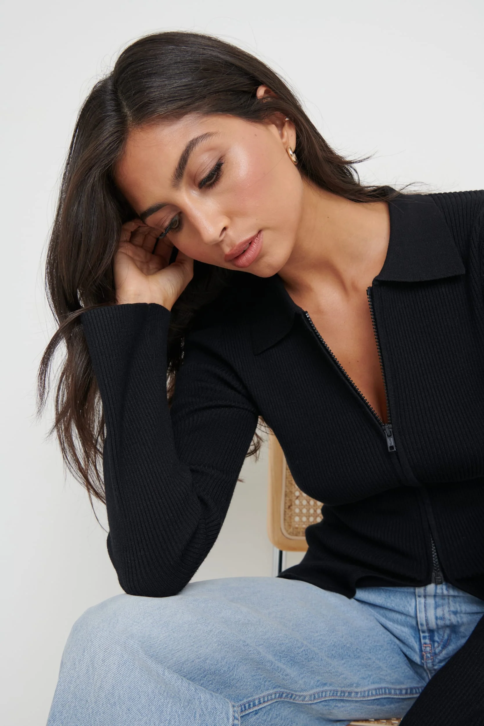 Avery Zip Knit Collared Top - Black - Image 5