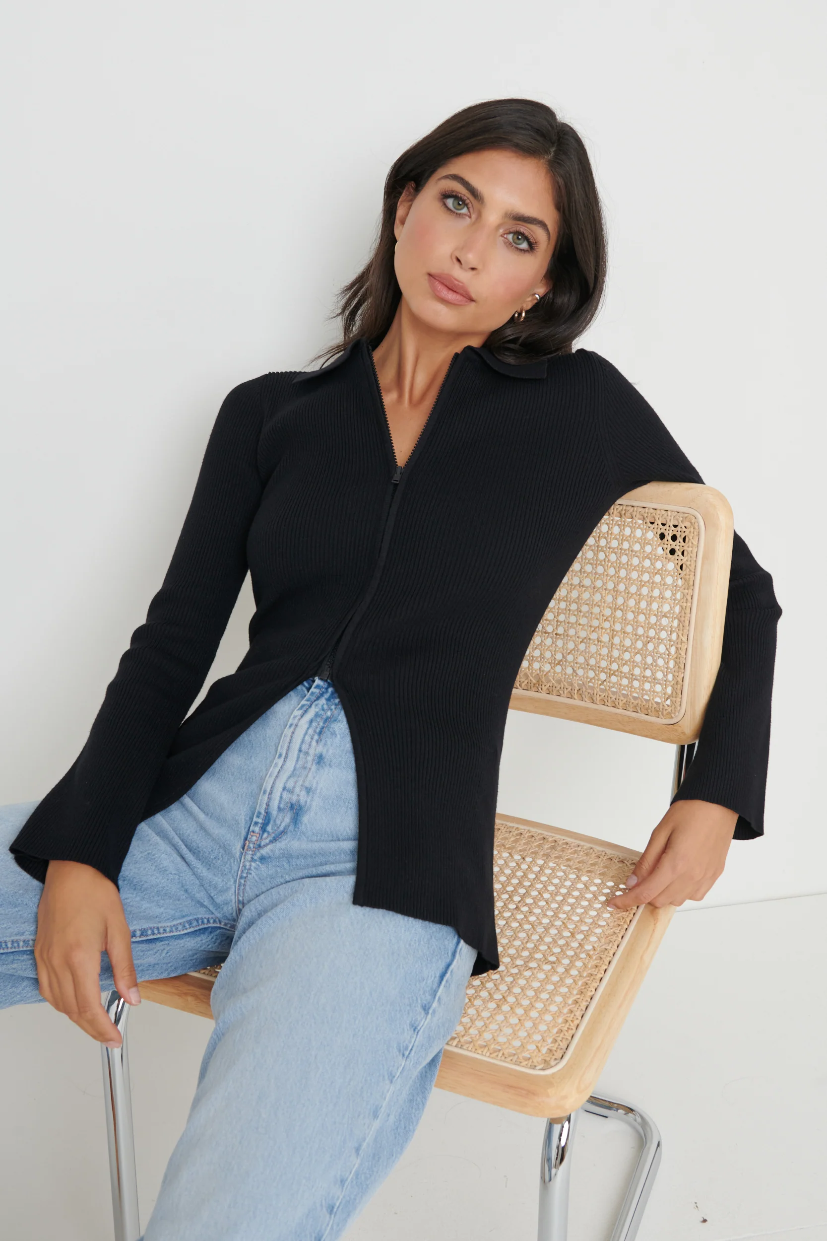 Avery Zip Knit Collared Top - Black - Image 7