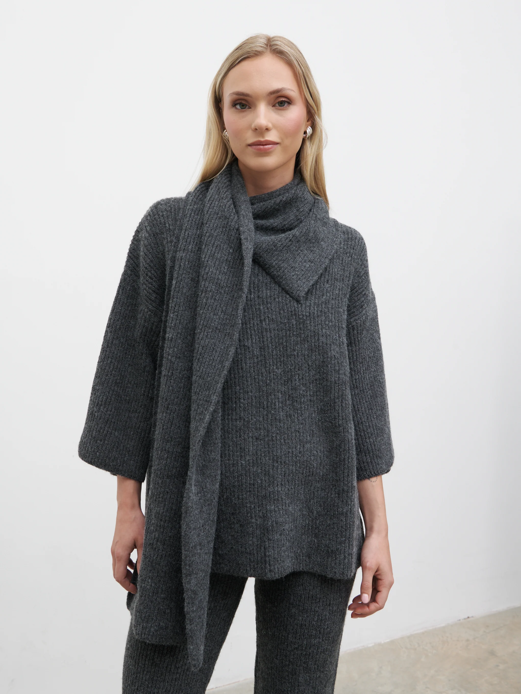 Beautrix Knit Attached Scarf Jumper - Charcoal - Image 2