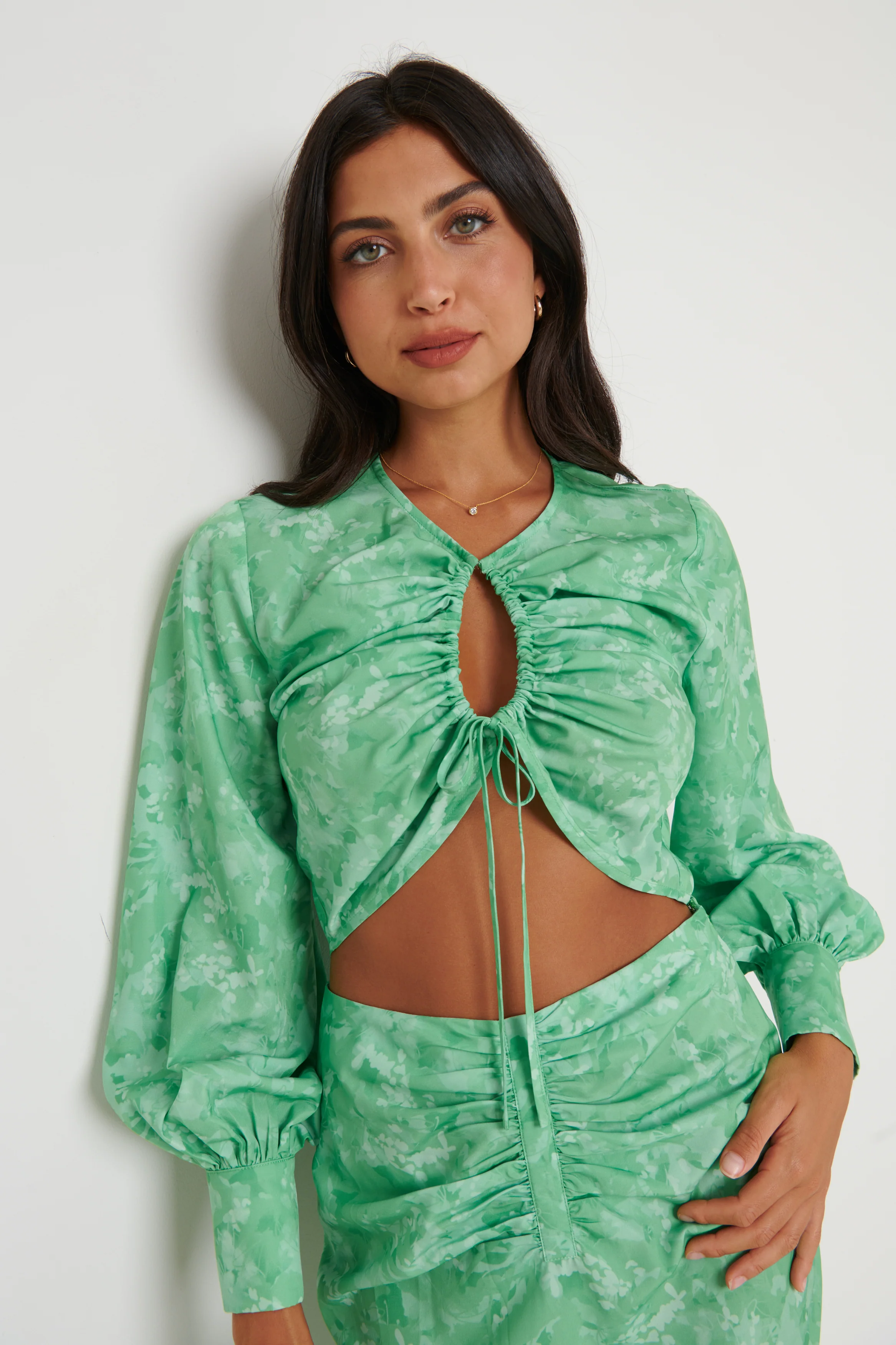 Bec Drawstring Top - Green Abstract Floral - Image 2