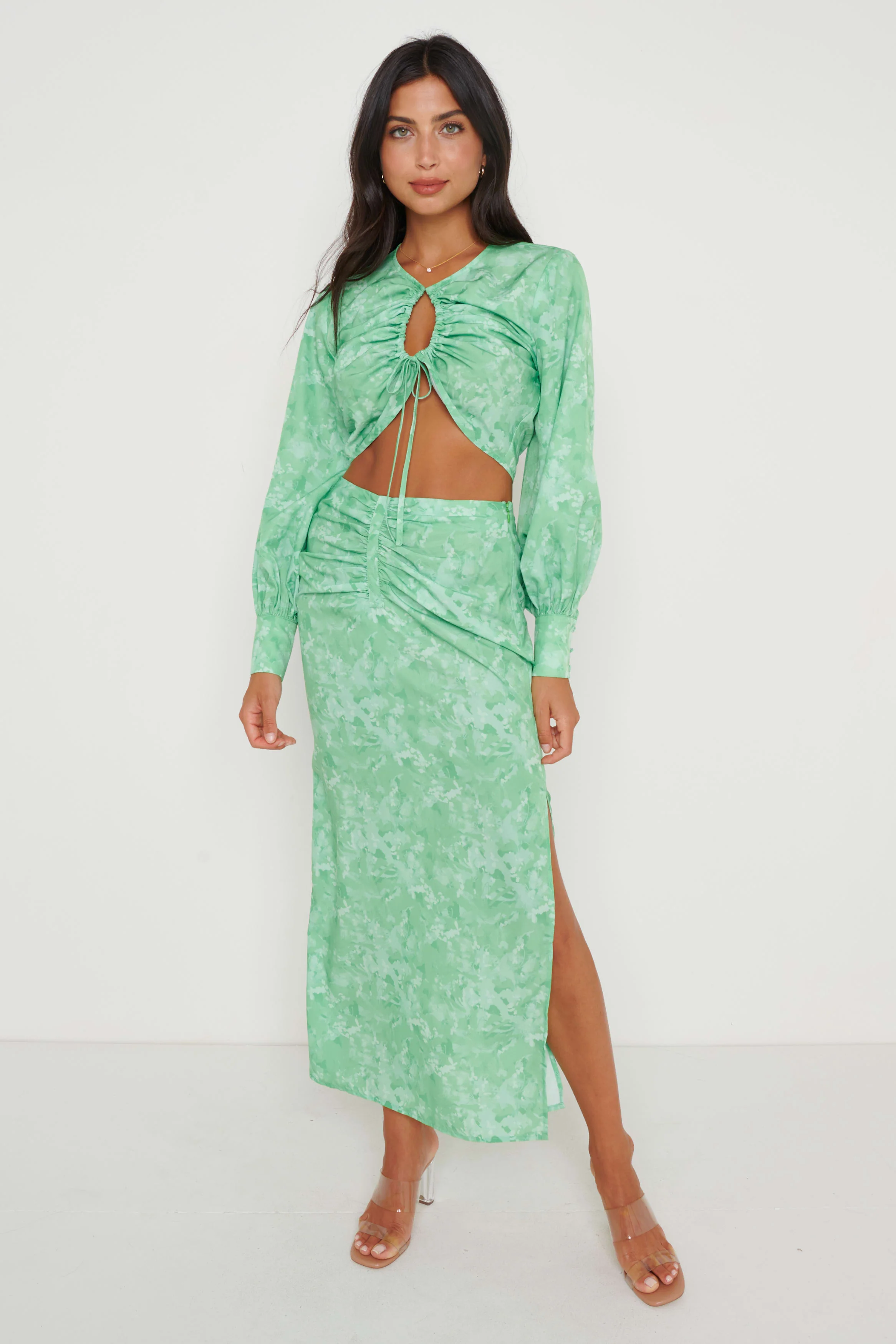 Bec Drawstring Top - Green Abstract Floral - Image 3