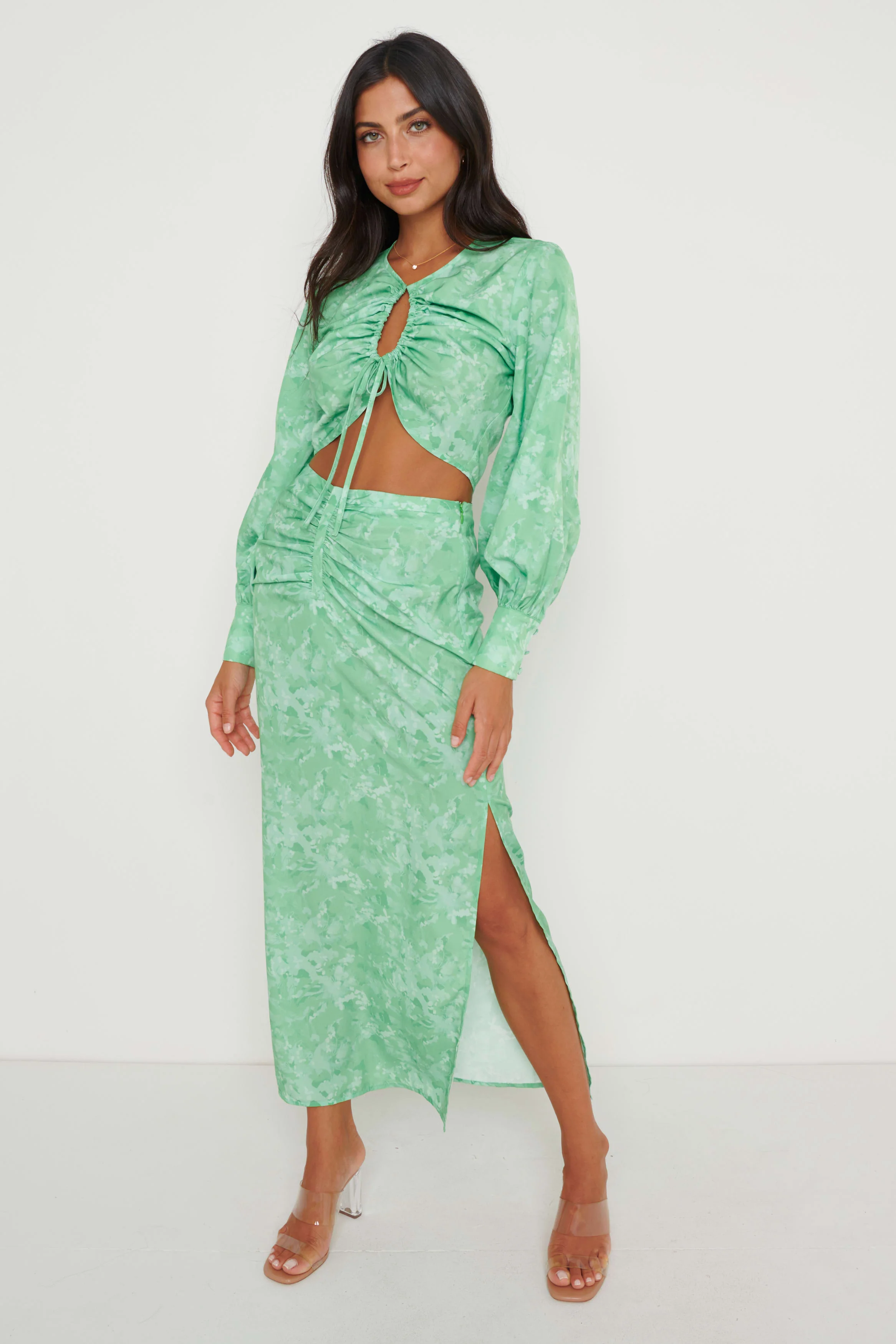Bec Drawstring Top - Green Abstract Floral - Image 4