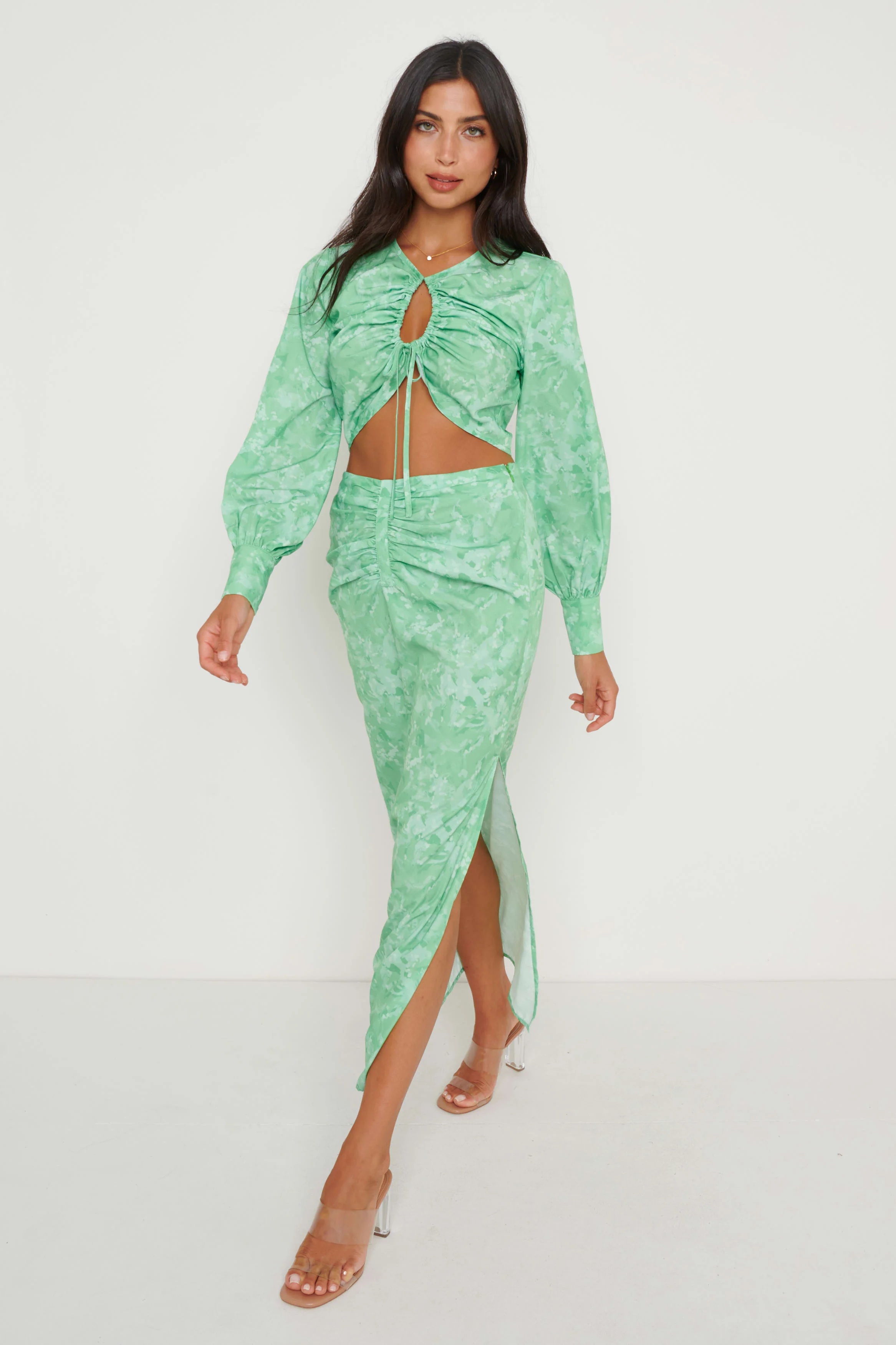 Bec Drawstring Top - Green Abstract Floral - Image 6