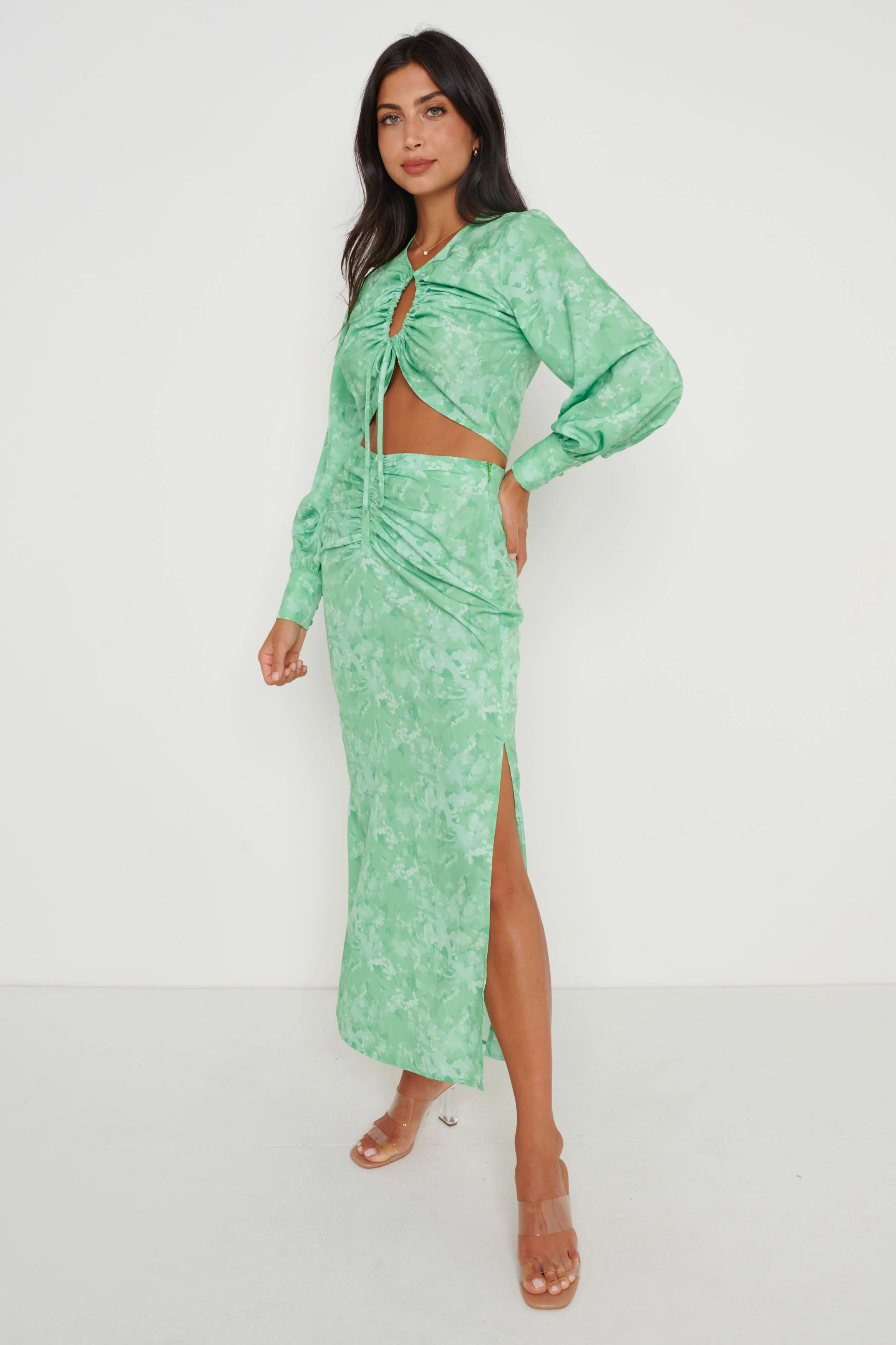Bec Drawstring Top - Green Abstract Floral - Image 7