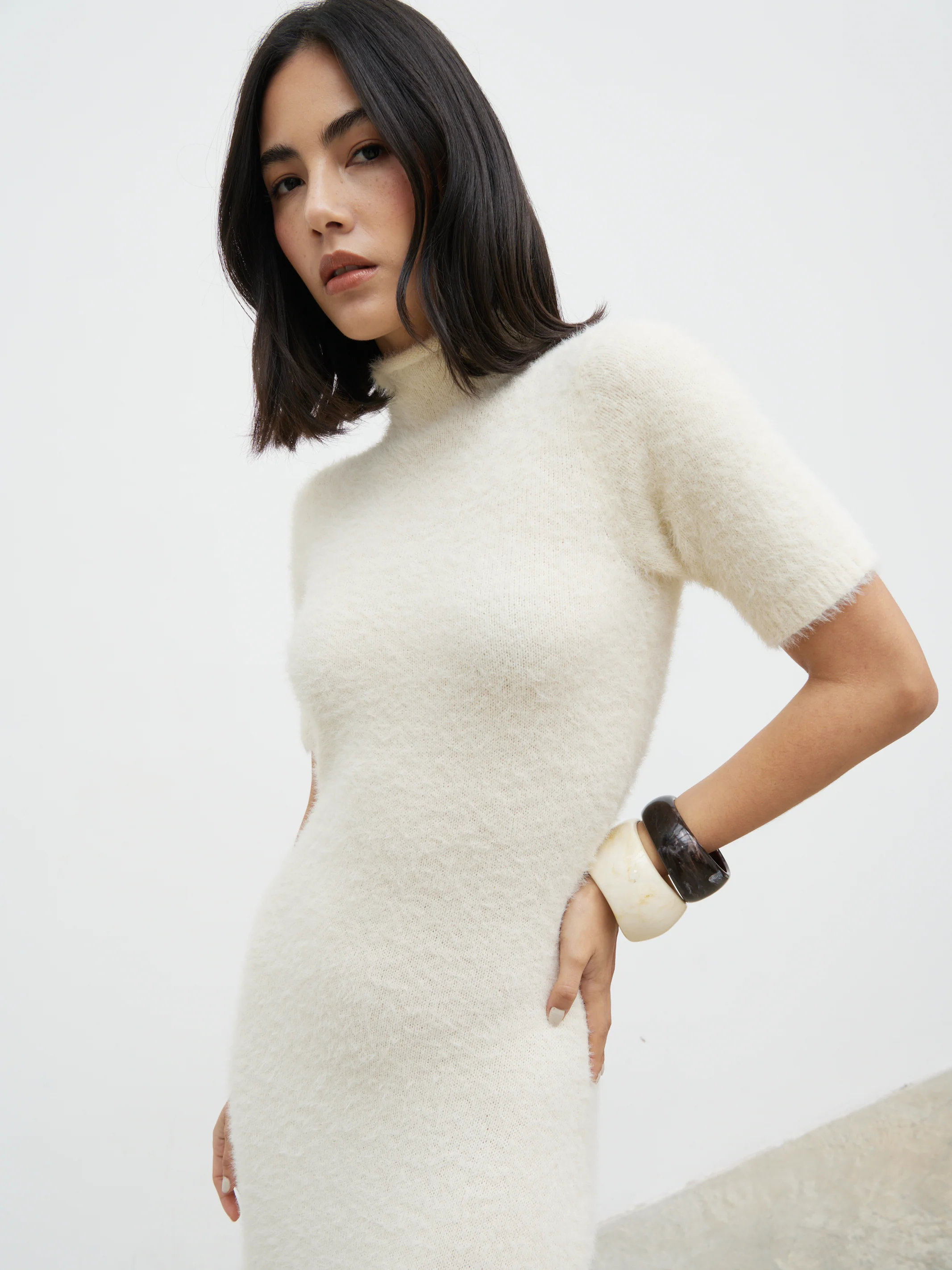 Belisse Short Sleeve Knit Midaxi Dress - Cream - Image 3
