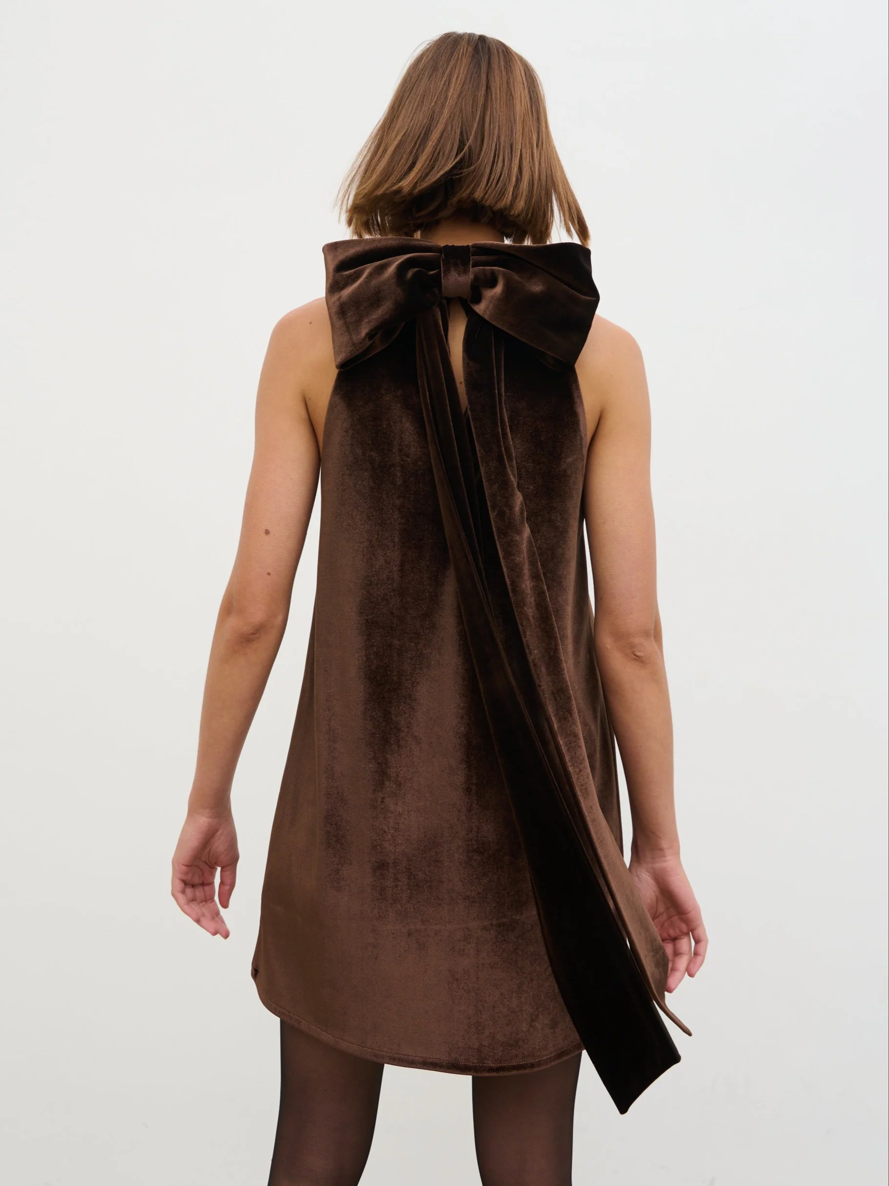 Bella Bow Velvet Mini Dress - Brown - Image 5