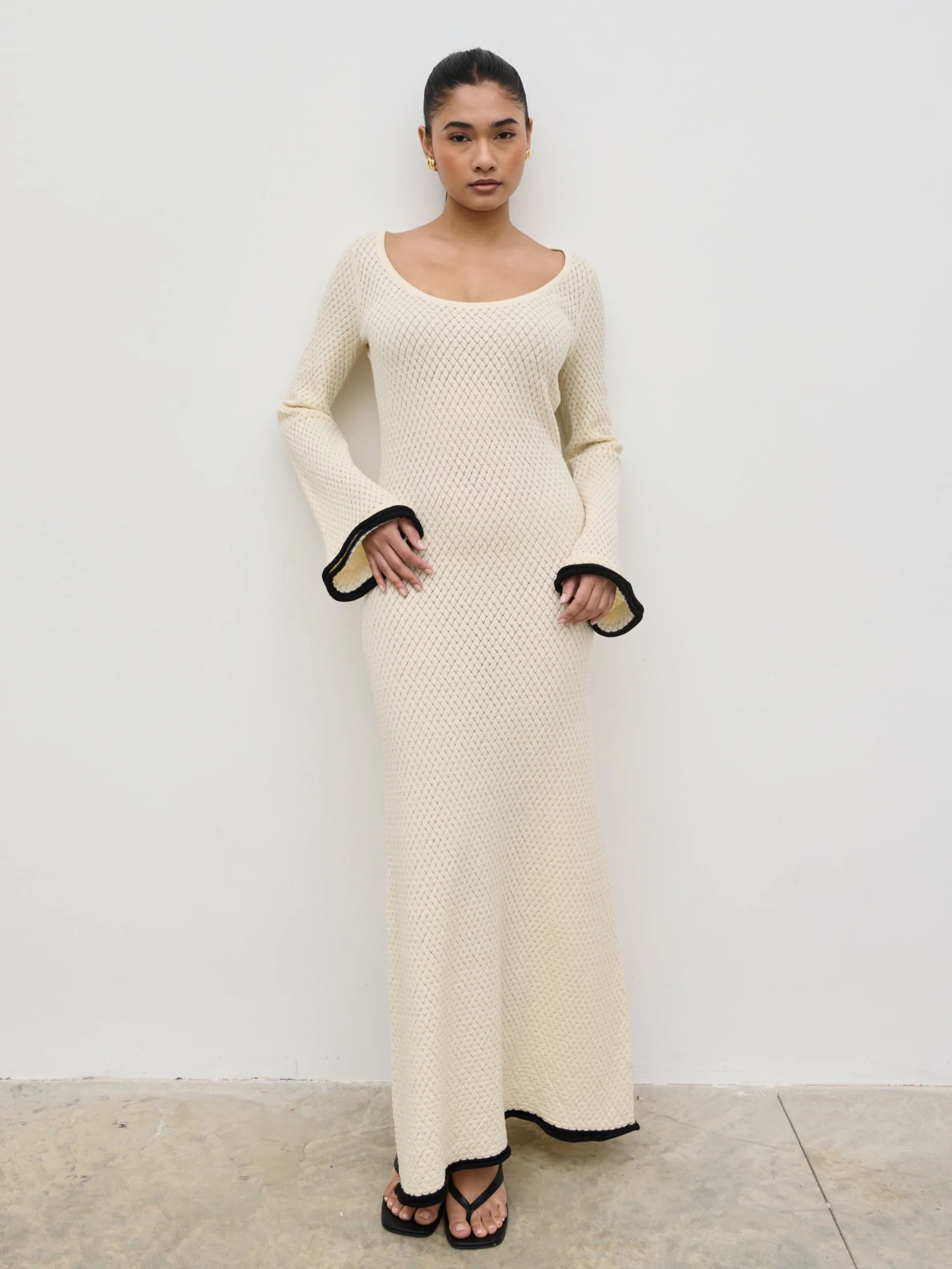 Bellamy Frill Tiered Sleeve Knit Maxi Dress - Cream - Image 3
