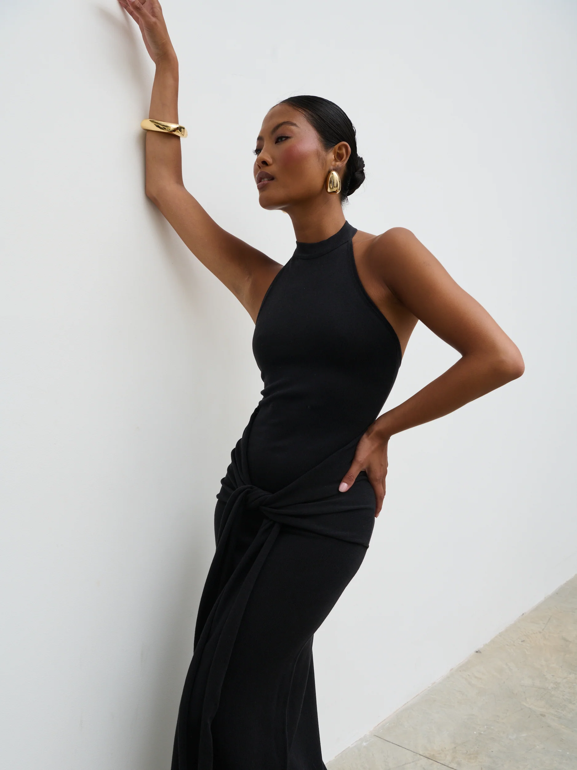 Bernelle Halterneck Tie Waist Knit Midaxi Dress - Black - Image 2