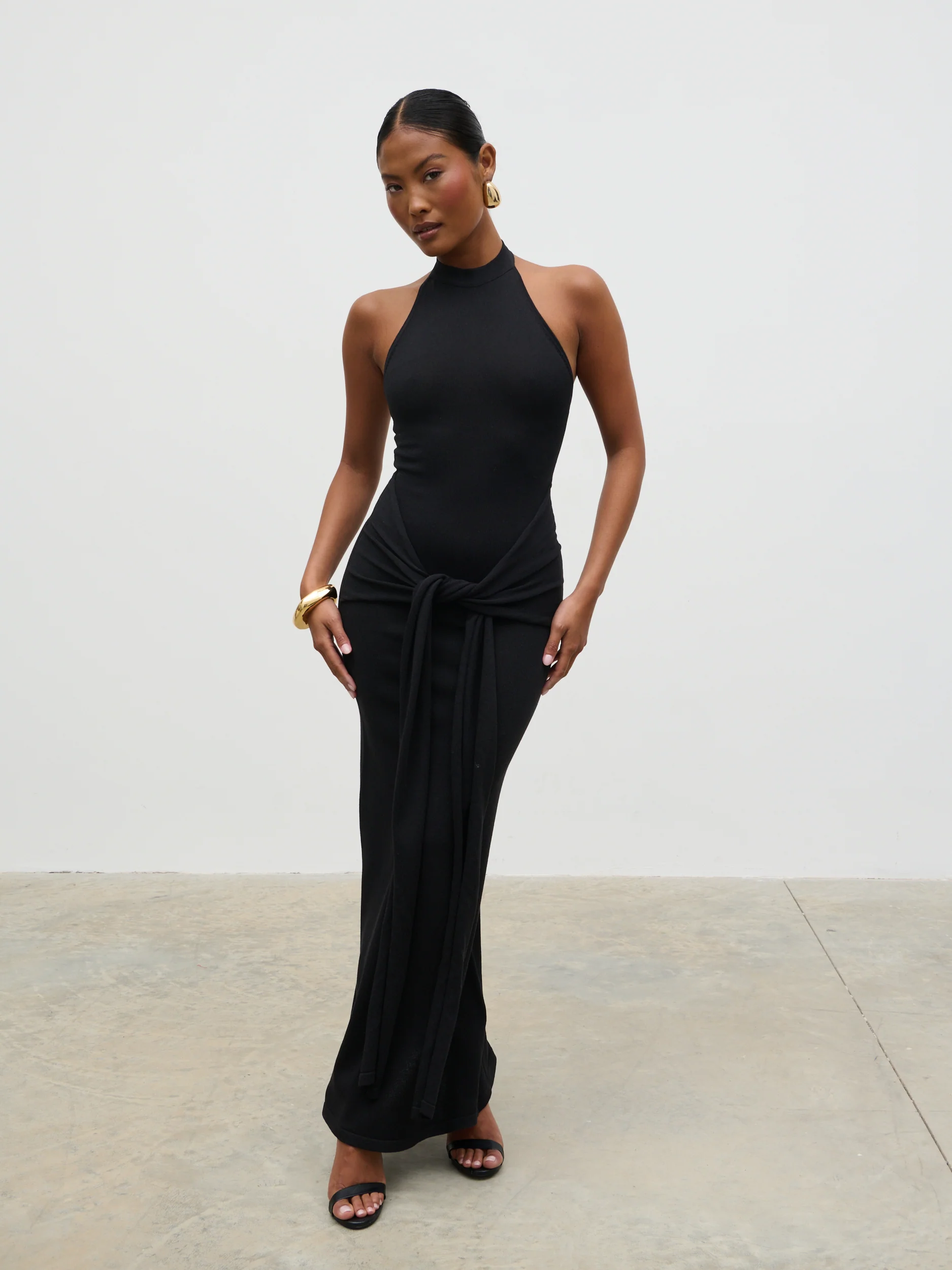 Bernelle Halterneck Tie Waist Knit Midaxi Dress - Black - Image 4