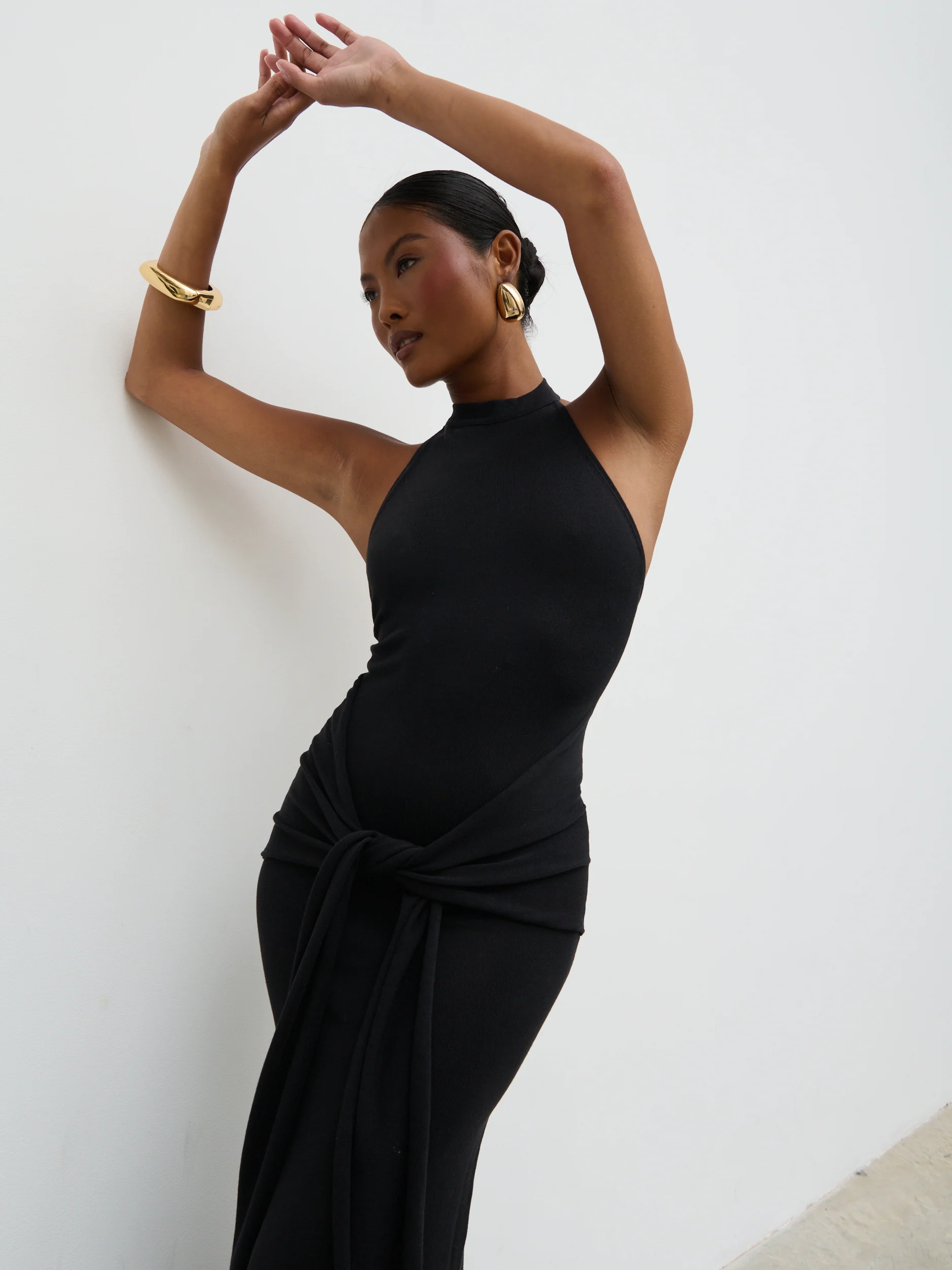 Bernelle Halterneck Tie Waist Knit Midaxi Dress - Black - Image 5