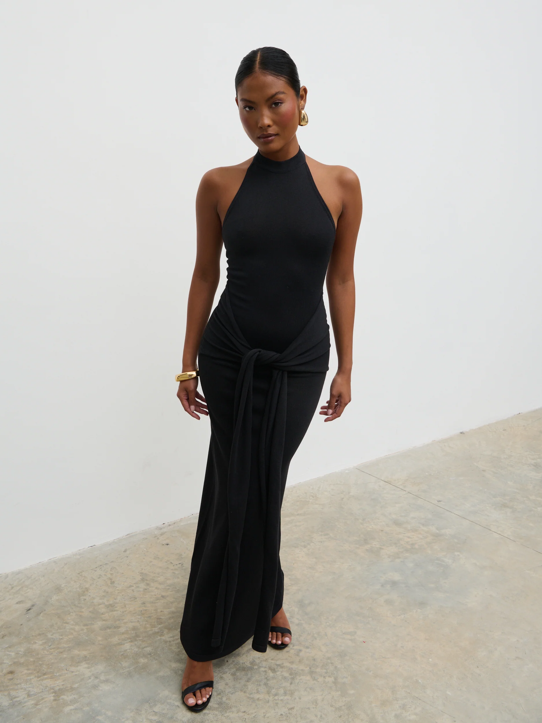 Bernelle Halterneck Tie Waist Knit Midaxi Dress - Black - Image 6