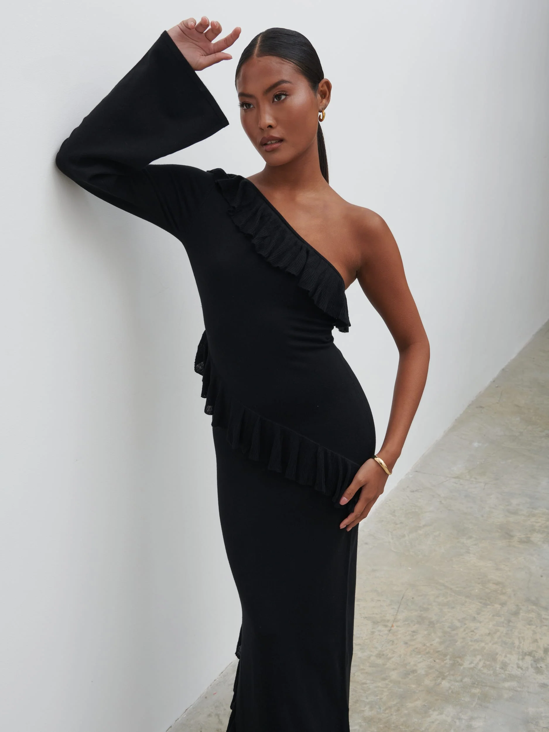 Bethanie Ruffle Maxi Knit Dress - Black - Image 2