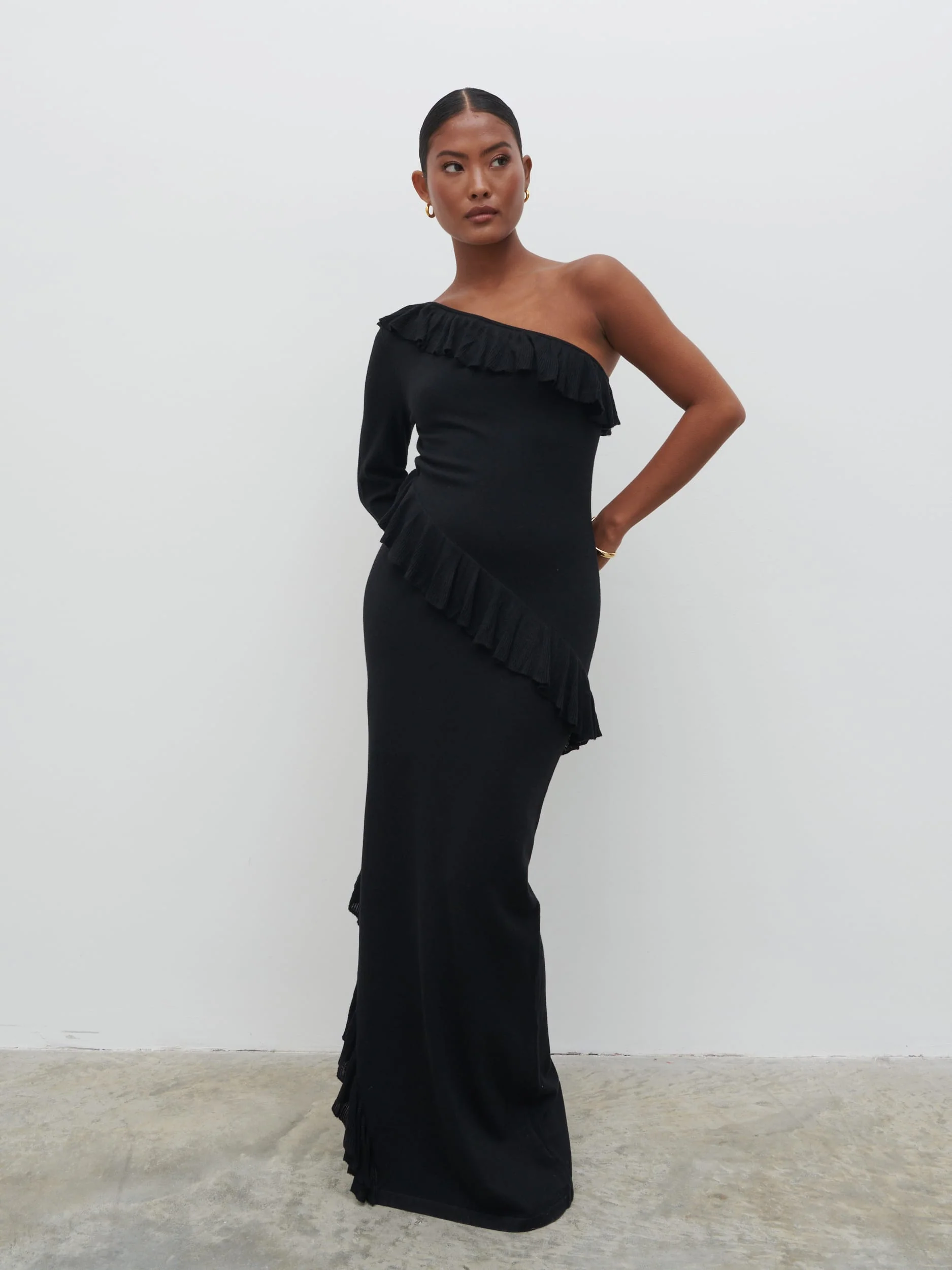Bethanie Ruffle Maxi Knit Dress - Black - Image 5