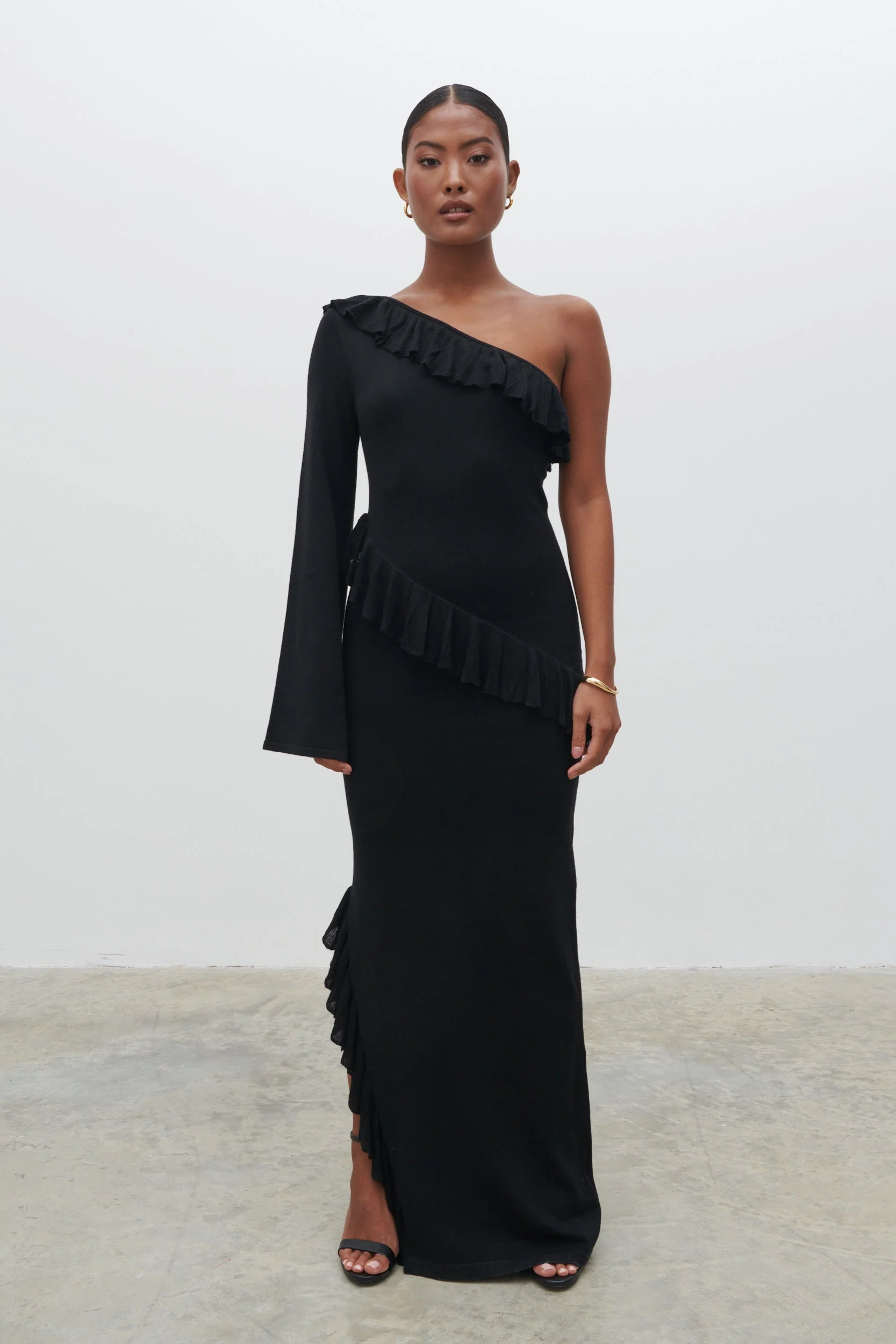 Bethanie Ruffle Maxi Knit Dress - Black - Image 7
