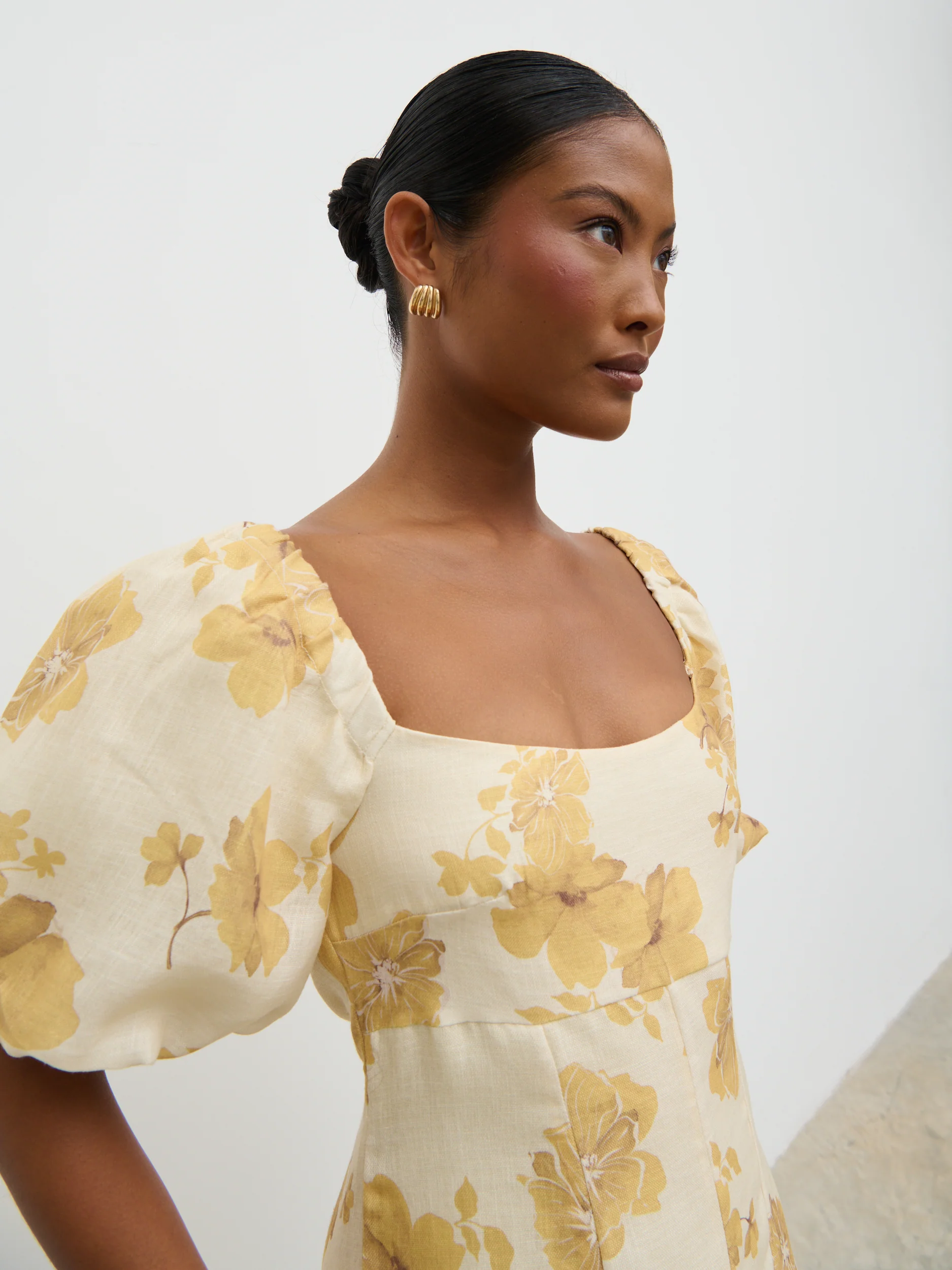 Bette Printed Puff Sleeve Midaxi Dress - Yellow Ochre Floral - Image 3