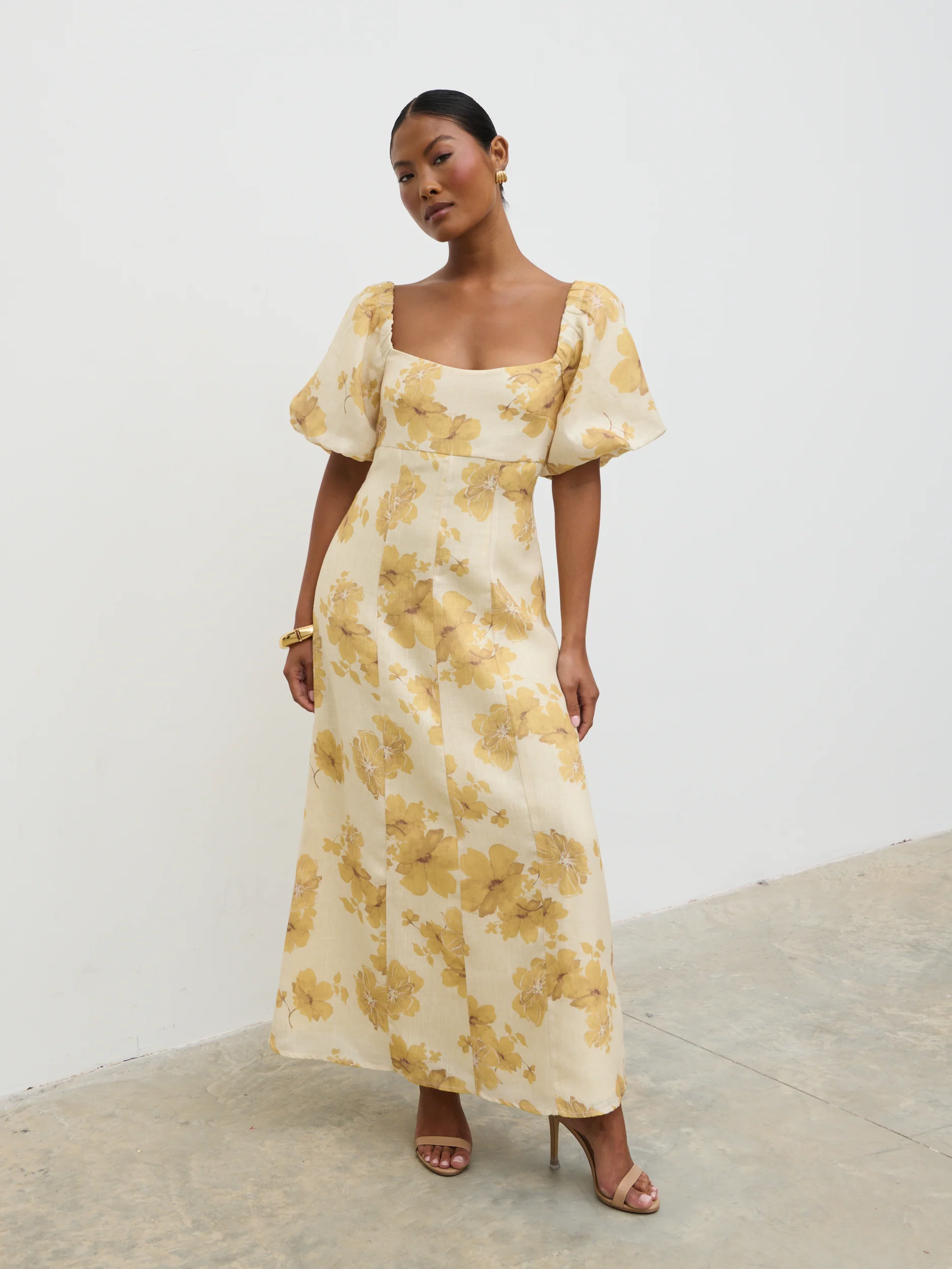 Bette Printed Puff Sleeve Midaxi Dress - Yellow Ochre Floral - Image 4