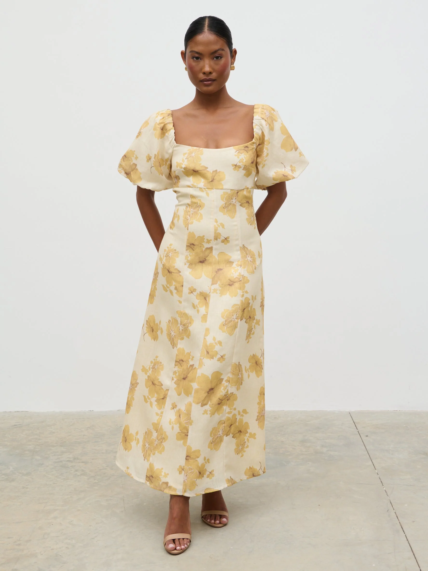Bette Printed Puff Sleeve Midaxi Dress - Yellow Ochre Floral - Image 6