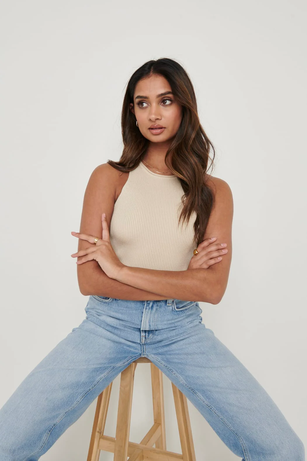 Billie Ribbed Racer Tee - Beige - Image 4
