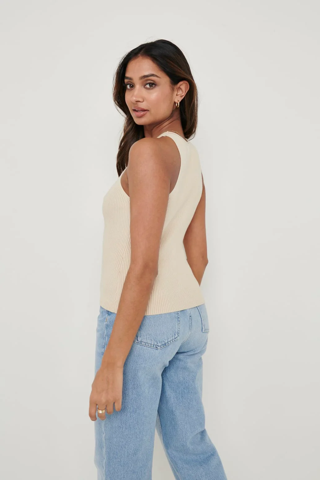 Billie Ribbed Racer Tee - Beige - Image 5
