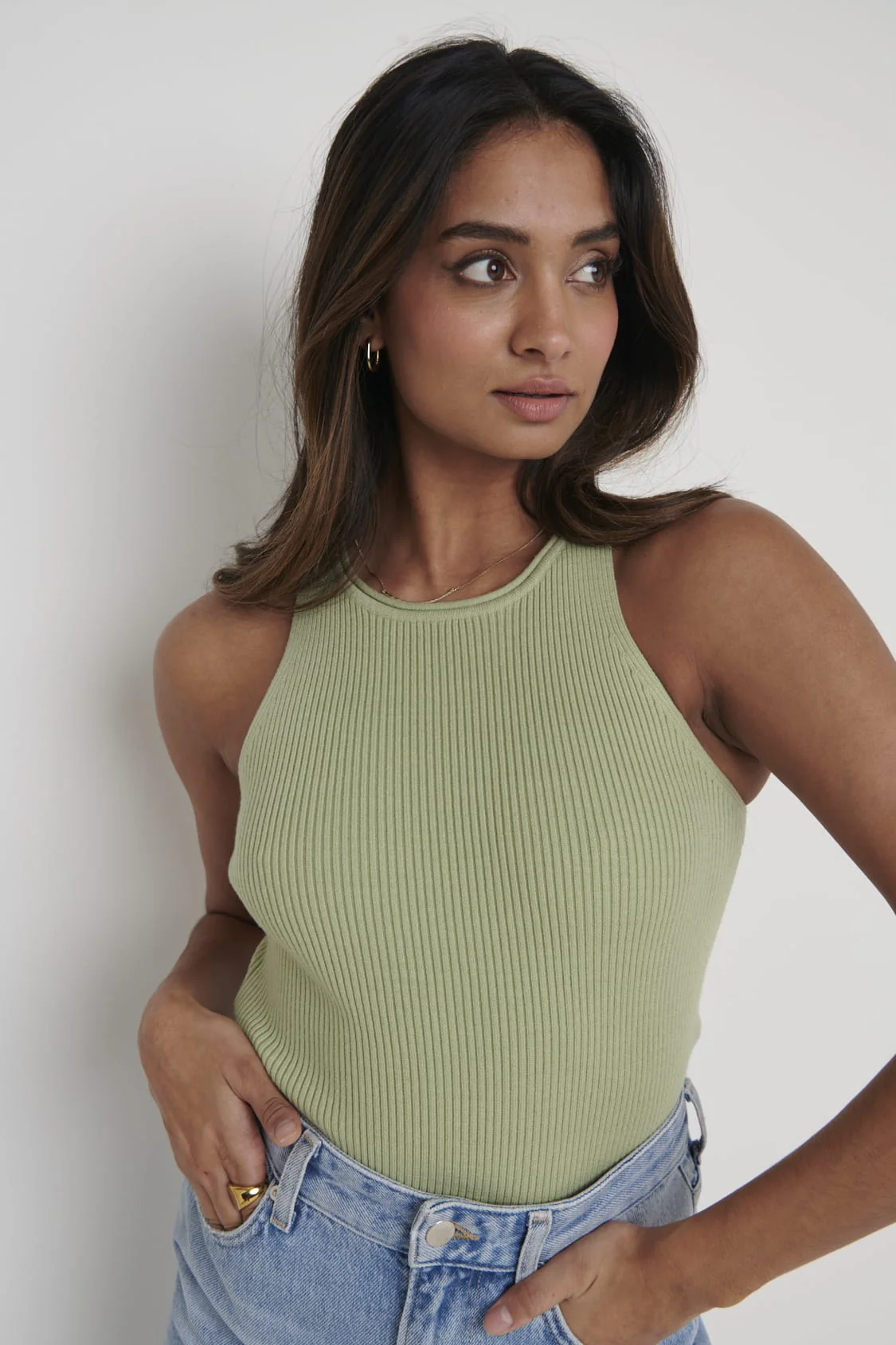 Billie Ribbed Racer Tee - Olive - Image 2
