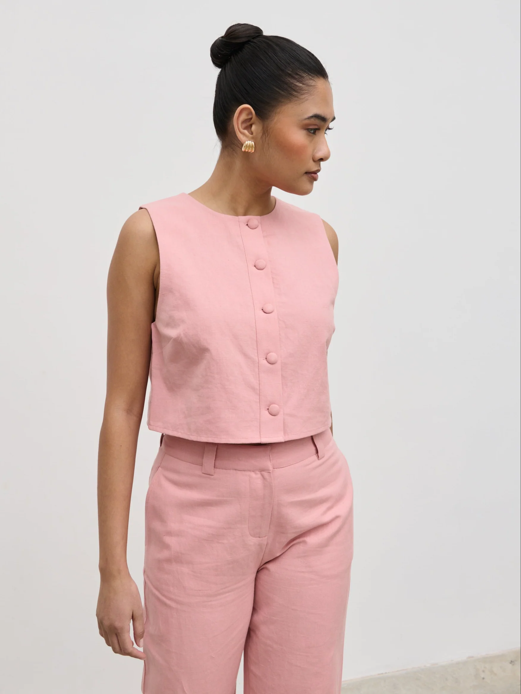 Blair Cropped Button Top - Pink - Image 3