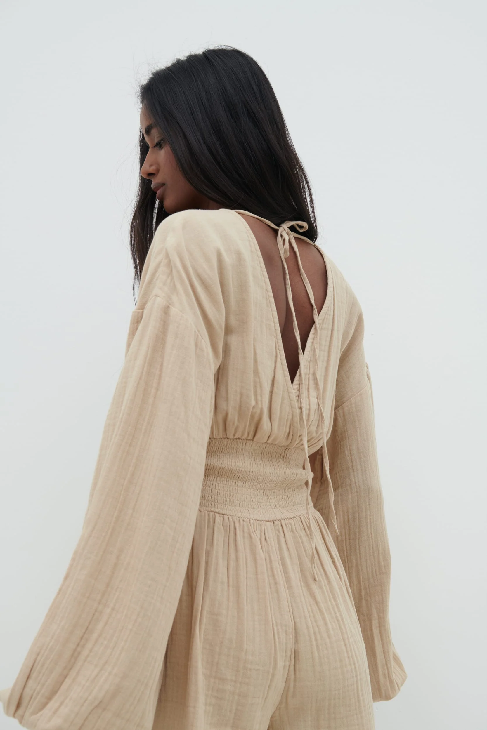 Blake Shirred Playsuit - Beige - Image 2