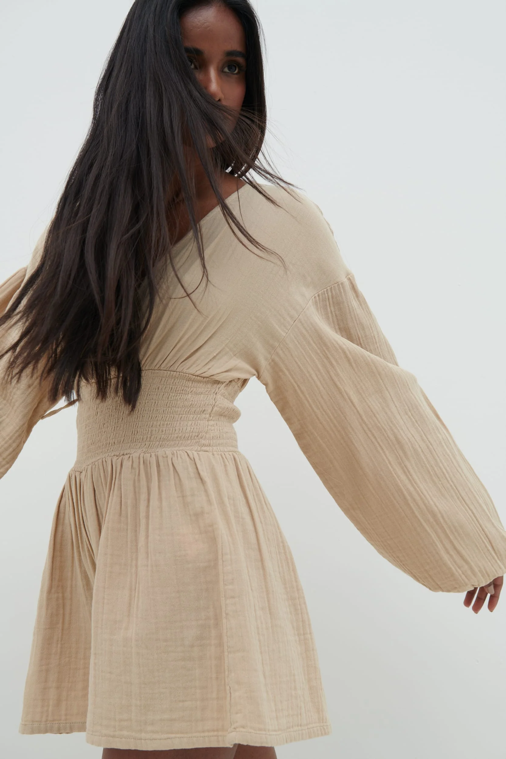 Blake Shirred Playsuit - Beige - Image 3