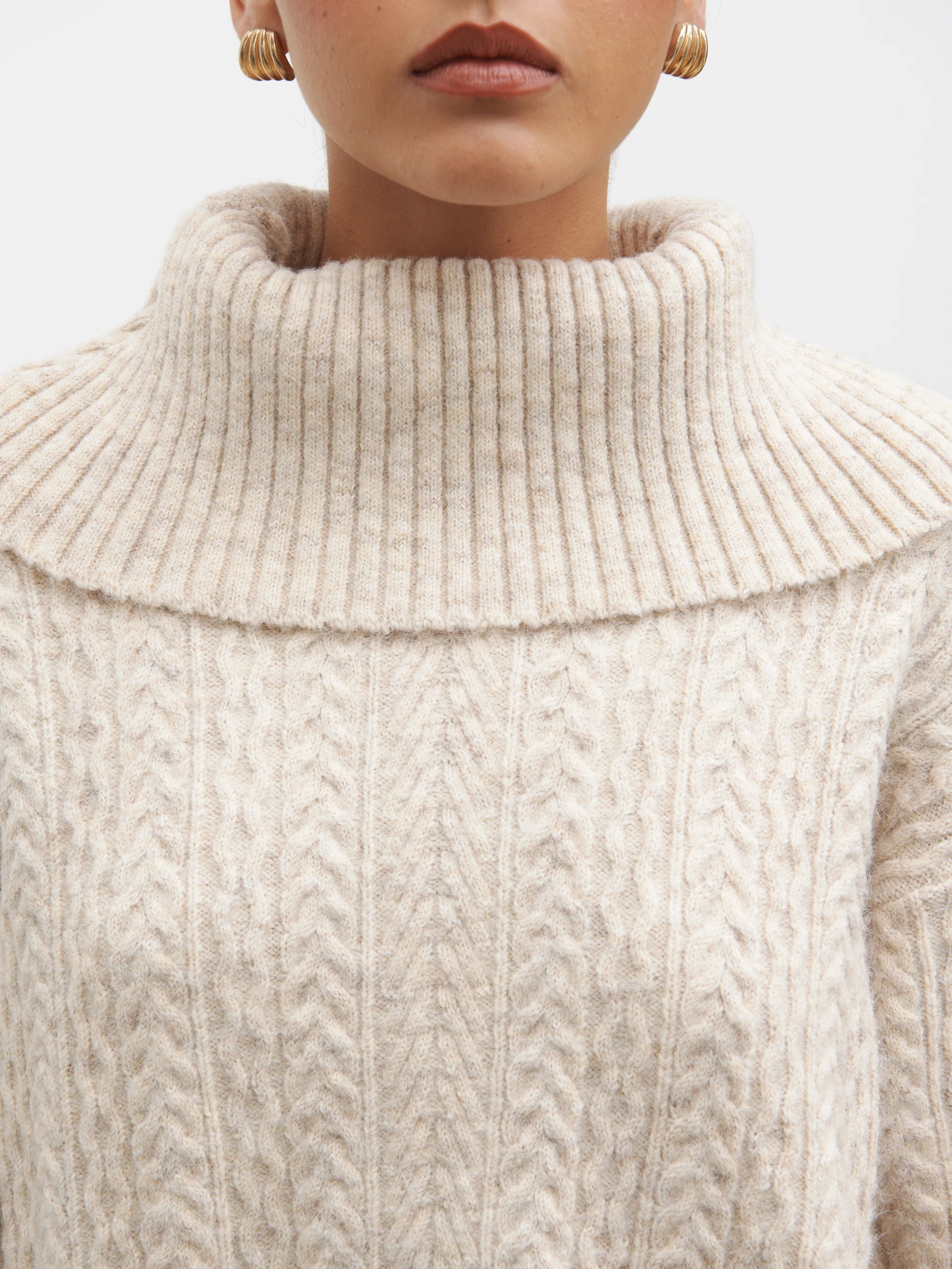 Blossom Cable Knit Exaggerated Roll Neck Jumper - Light Beige - Image 5