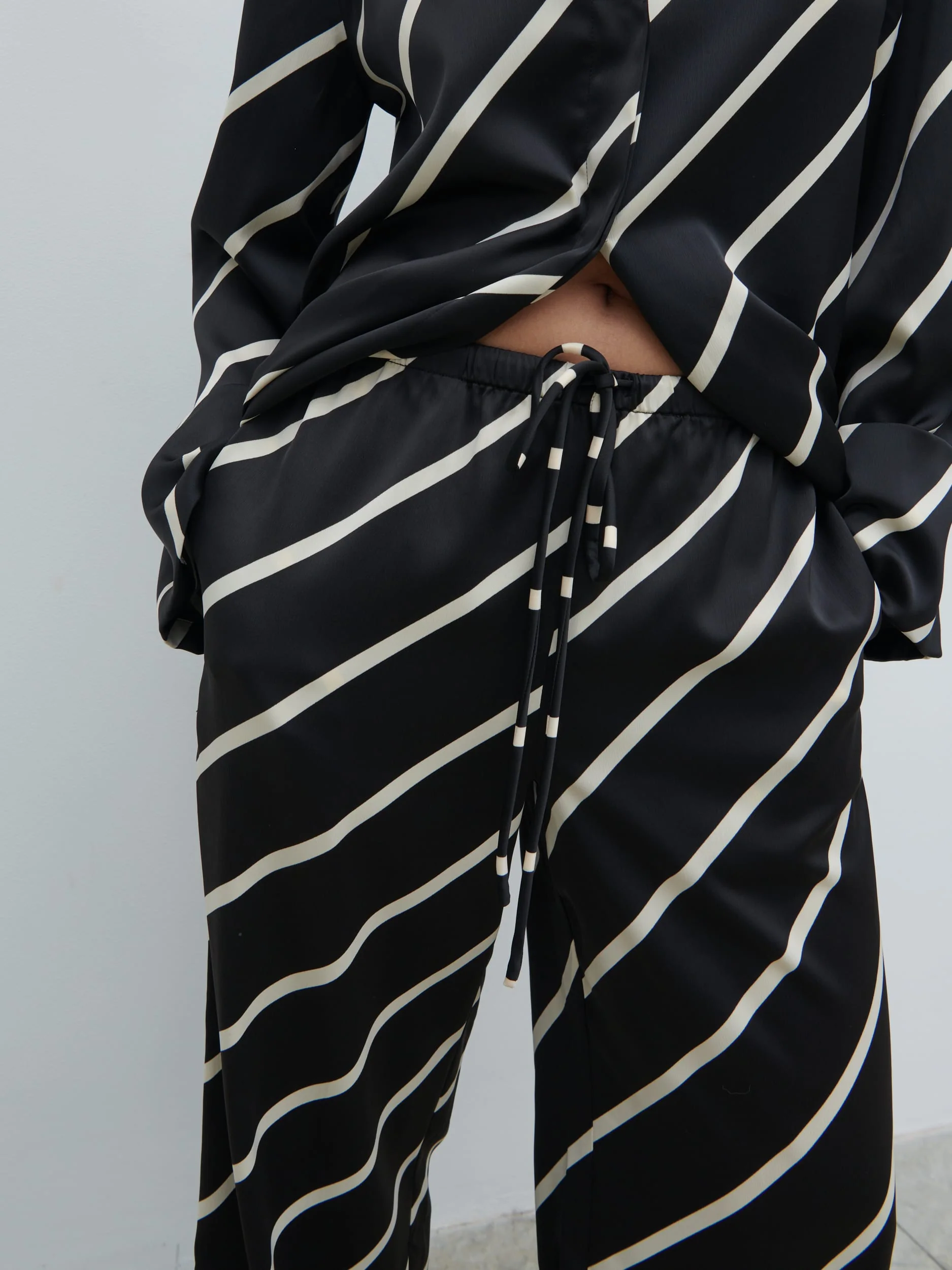 Bobbi Drawstring Trousers - Black Asymmetric Stripe - Image 3