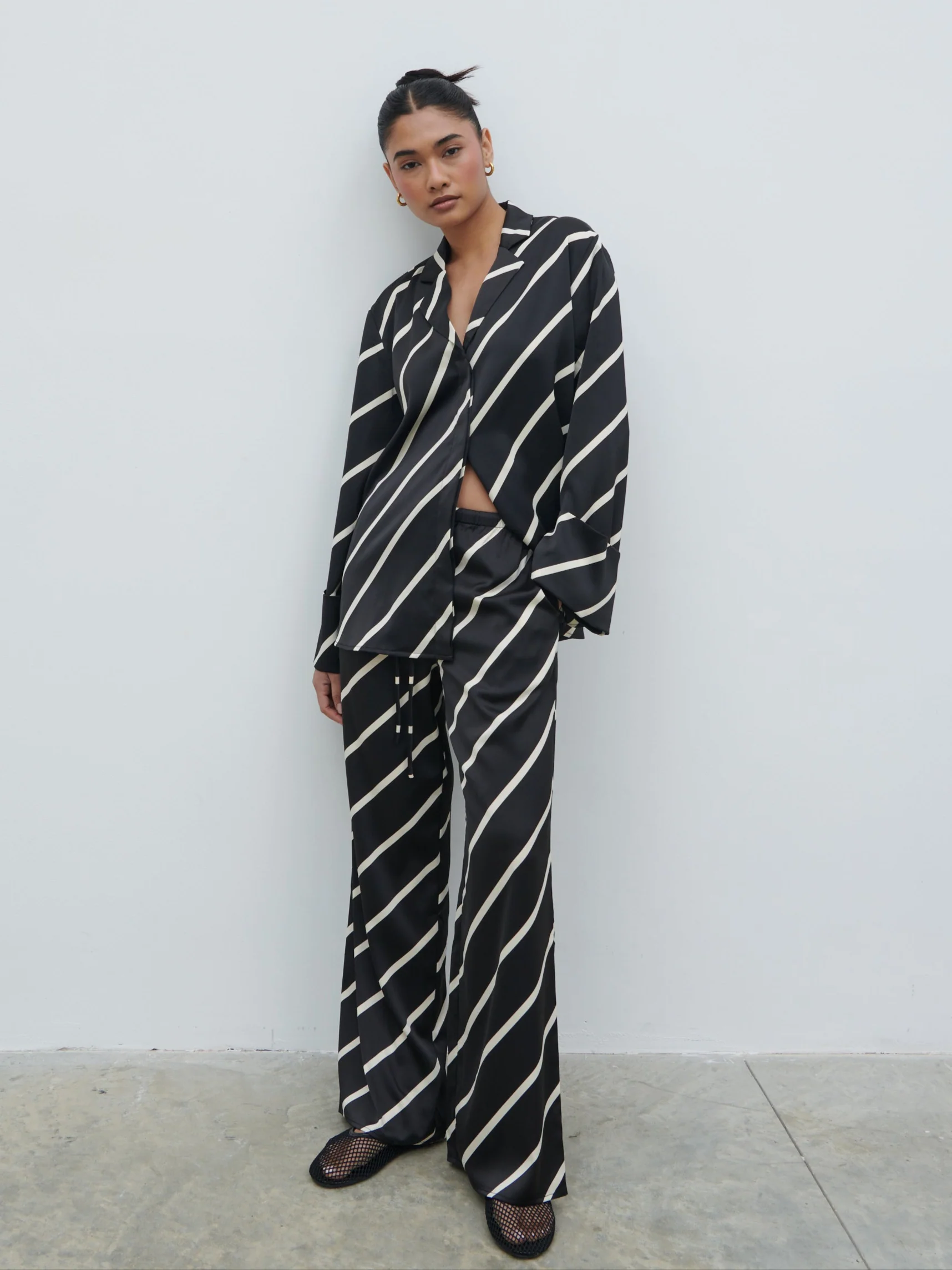 Bobbi Drawstring Trousers - Black Asymmetric Stripe - Image 4