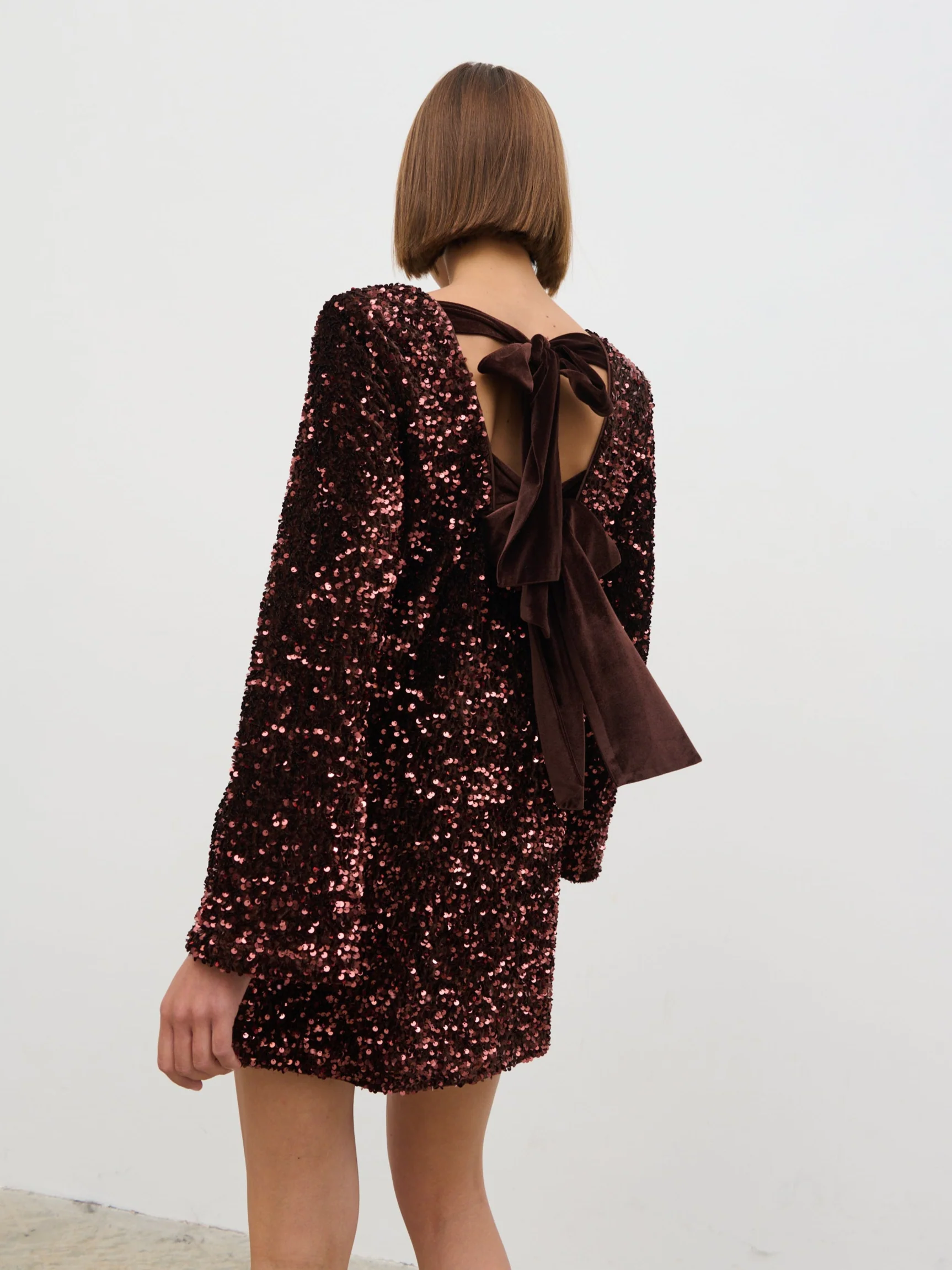 Bow Sequin Mini Dress - Chocolate - Image 2