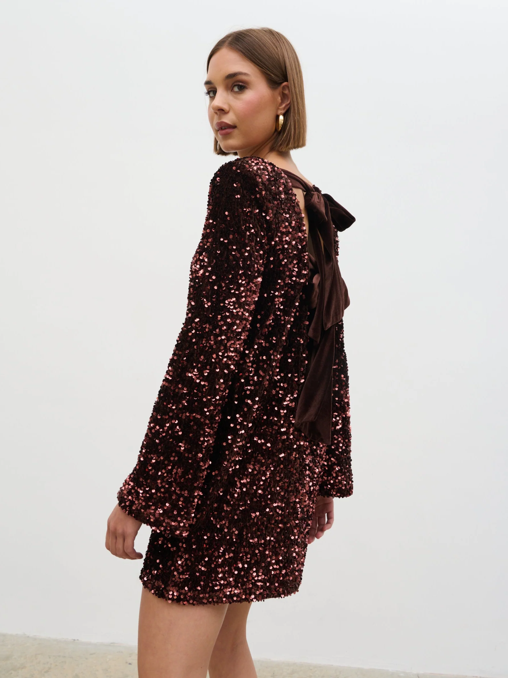 Bow Sequin Mini Dress - Chocolate - Image 4