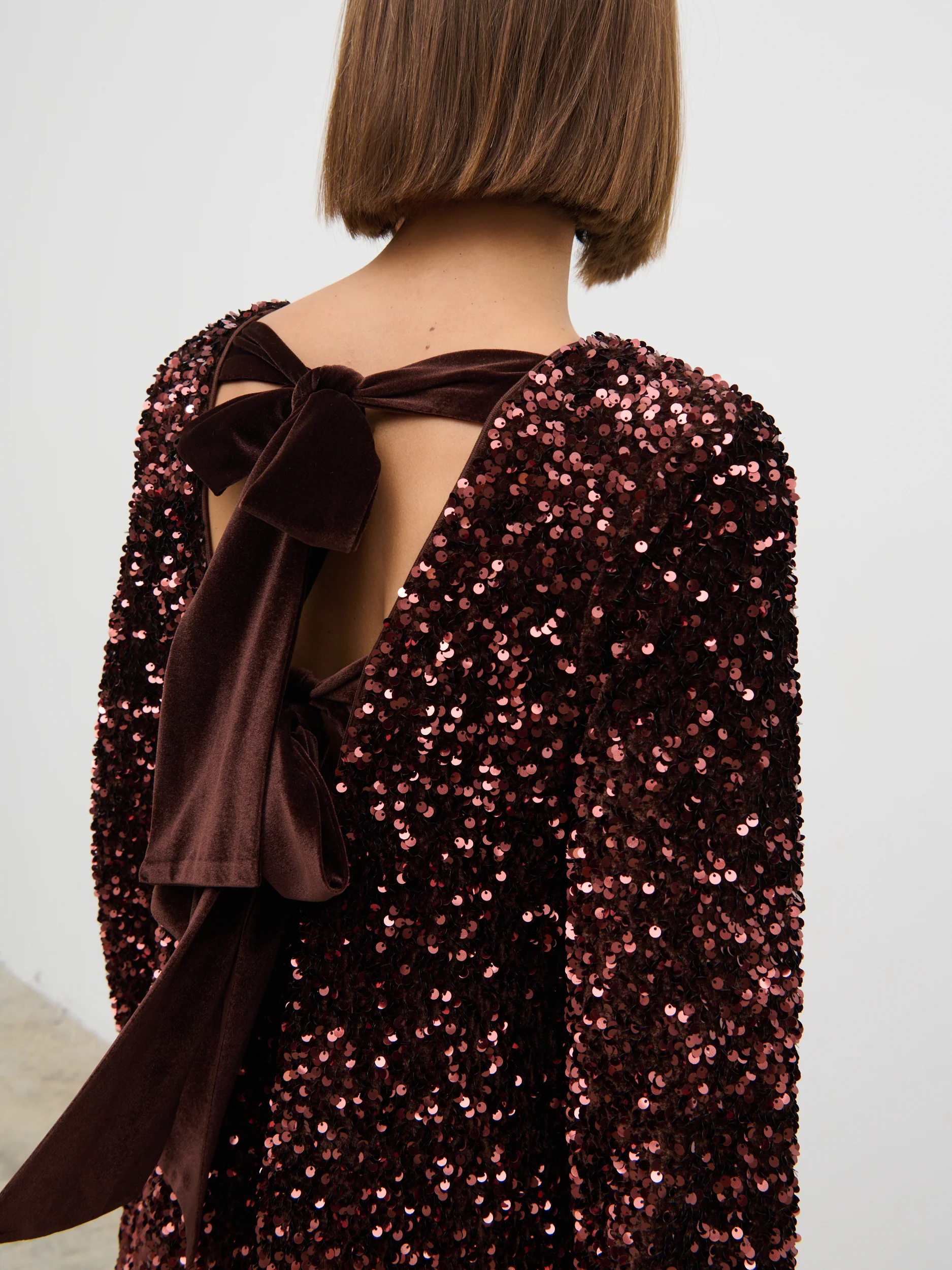 Bow Sequin Mini Dress - Chocolate - Image 5