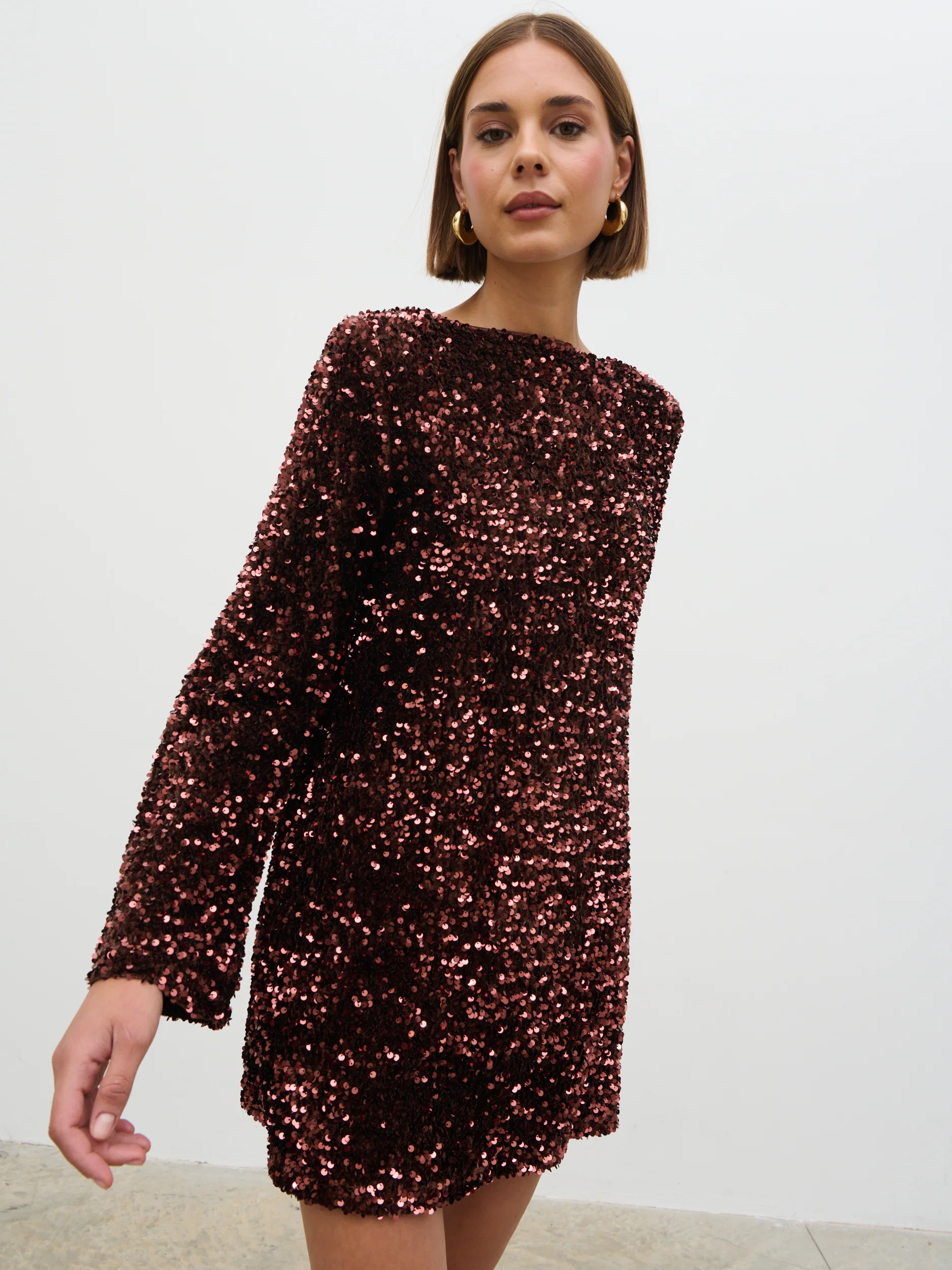 Bow Sequin Mini Dress - Chocolate - Image 6