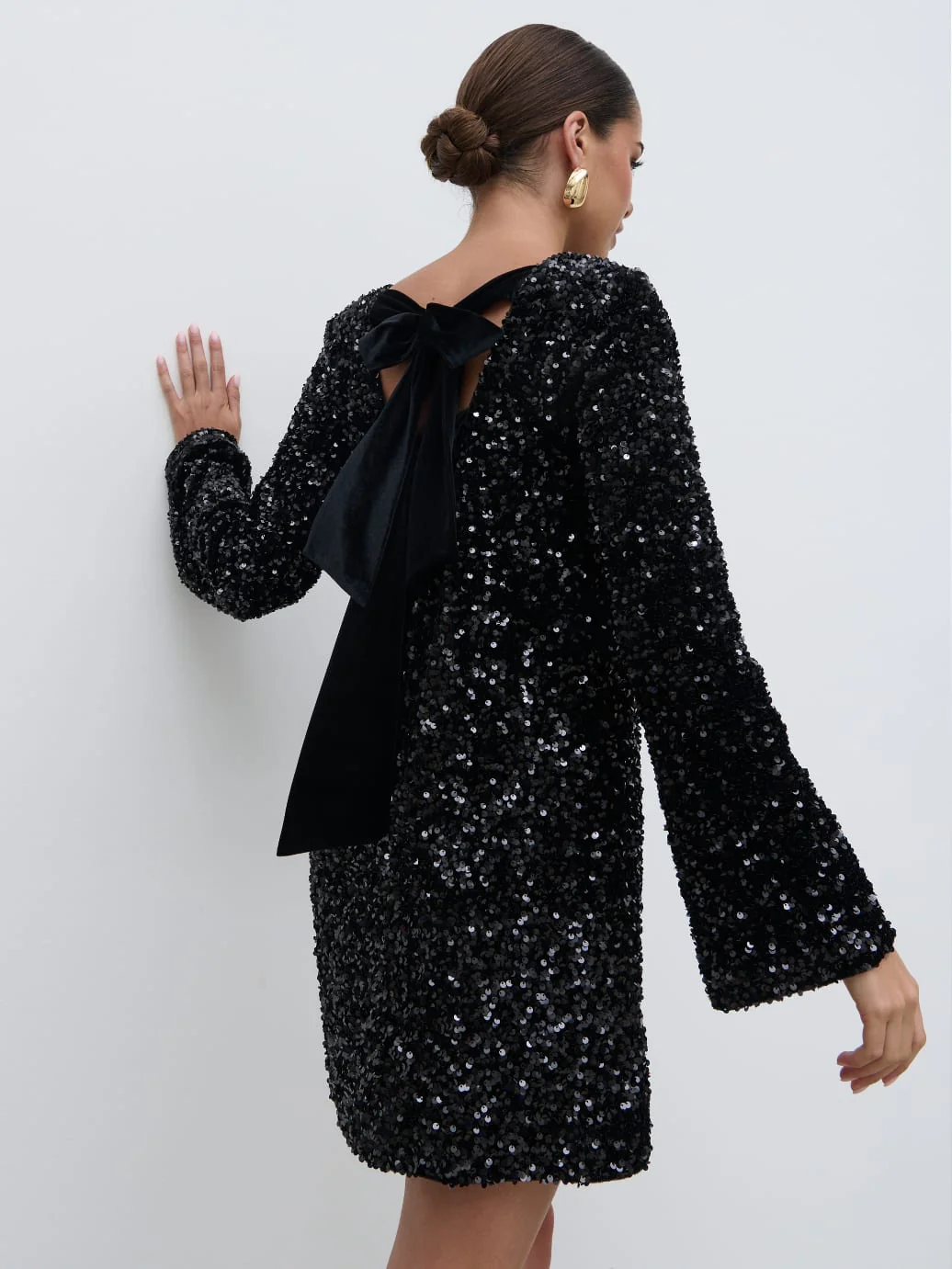 Bow Sequin Shift Dress - Black - Image 3