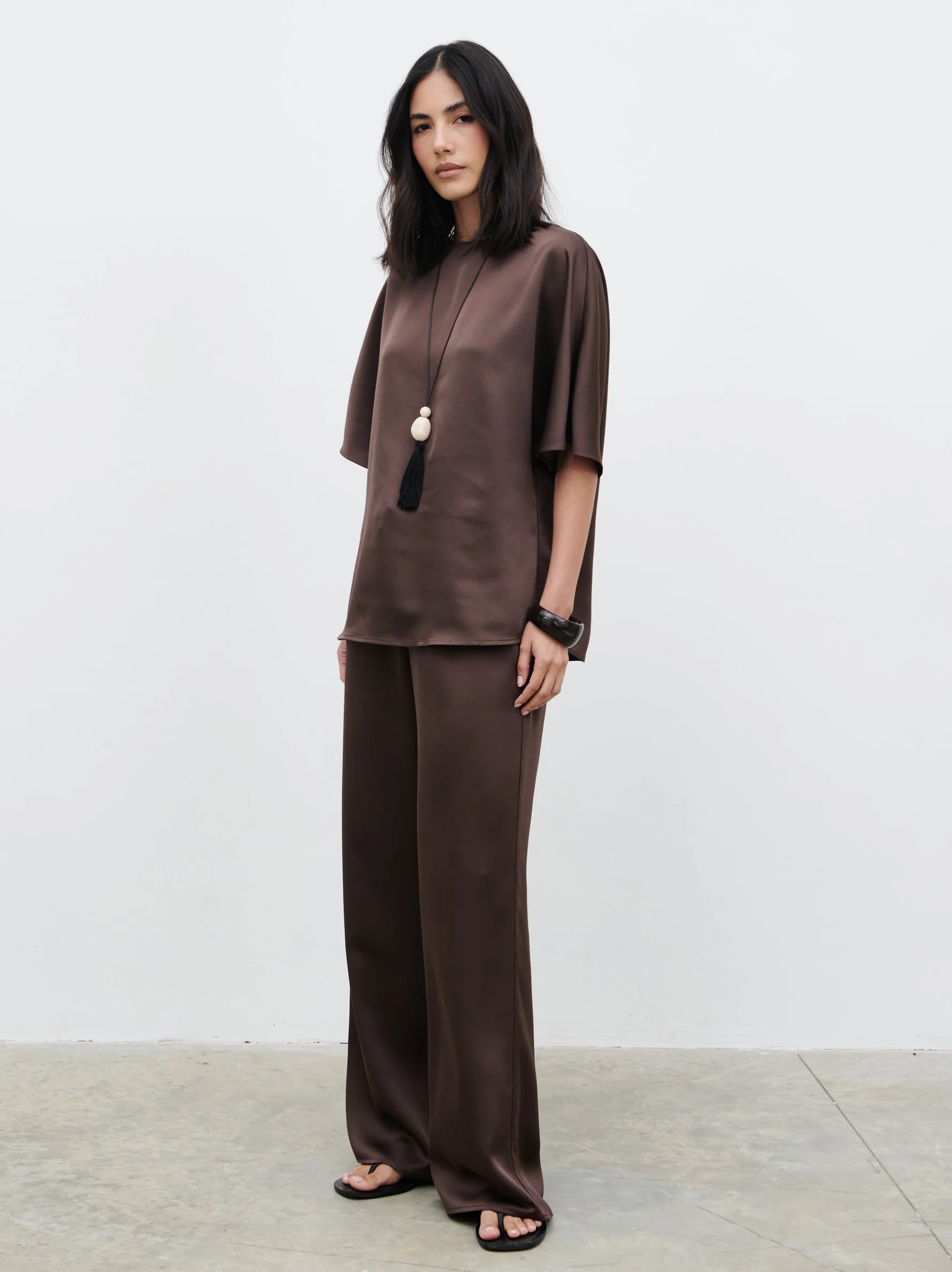 Breya Boxy Satin T-Shirt - Chocolate Brown - Image 2