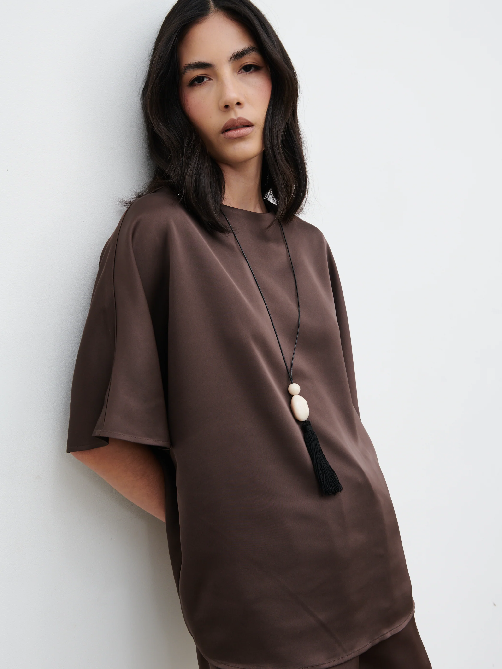 Breya Boxy Satin T-Shirt - Chocolate Brown - Image 3