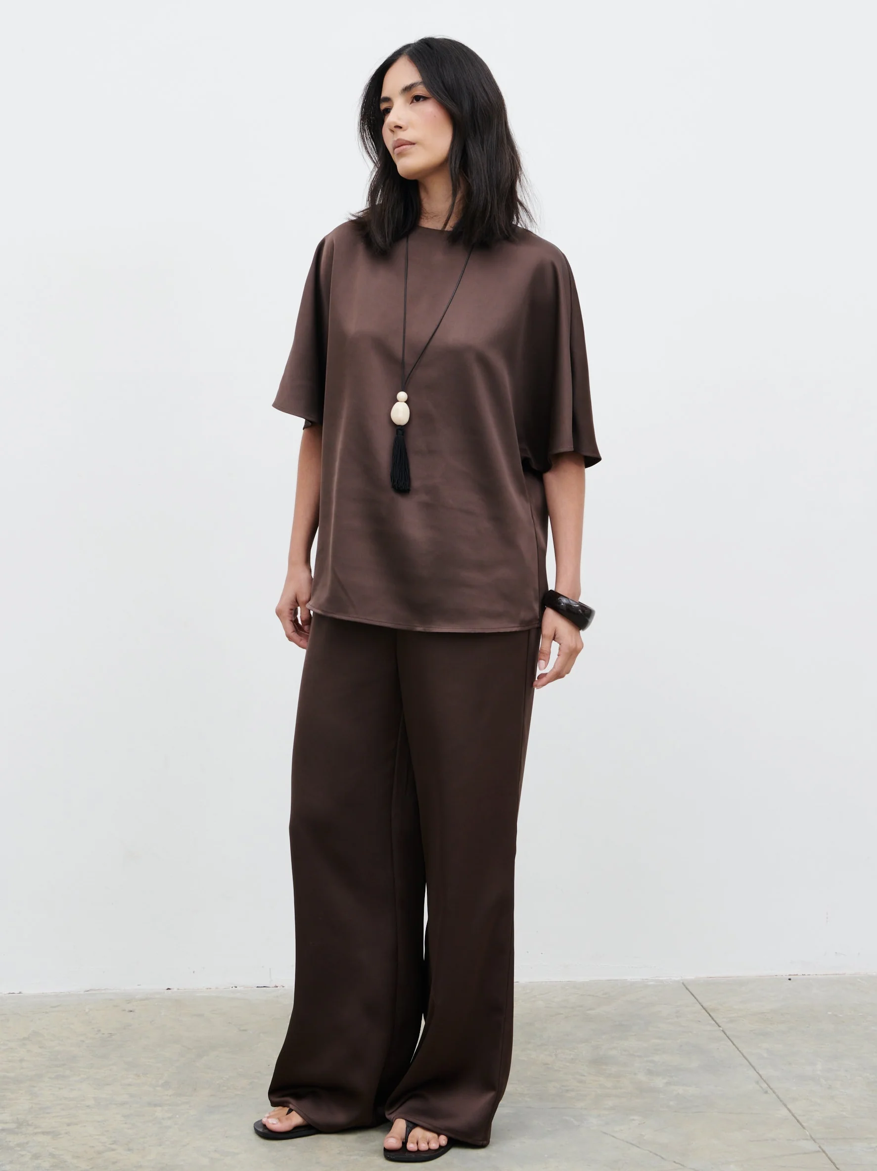 Breya Boxy Satin T-Shirt - Chocolate Brown - Image 4